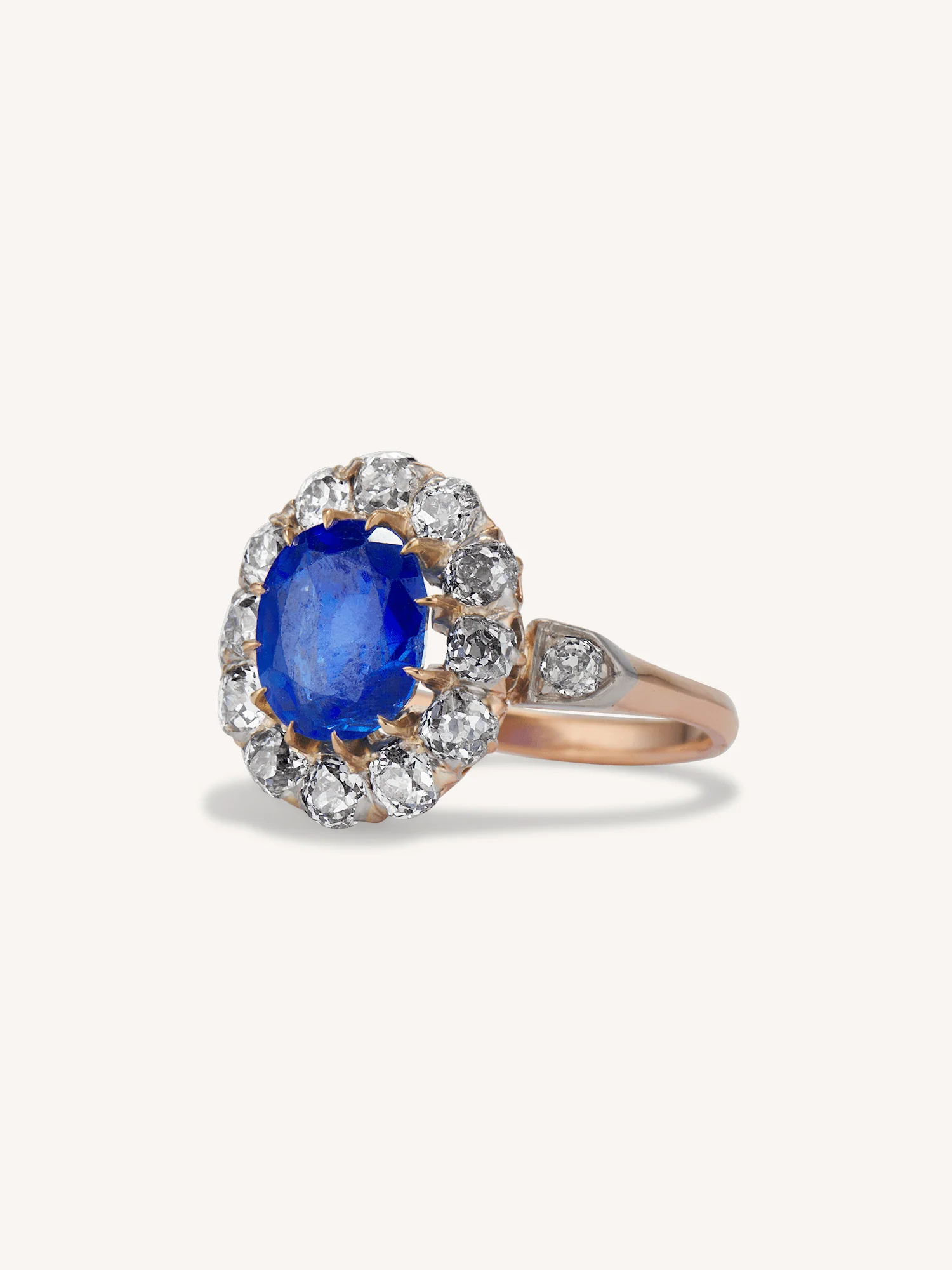 Edwardian 3.66 Carat Oval Cut Natural Unheated Ceylon Sapphire and Diamond Antique Cluster Engagement Ring - Image 4