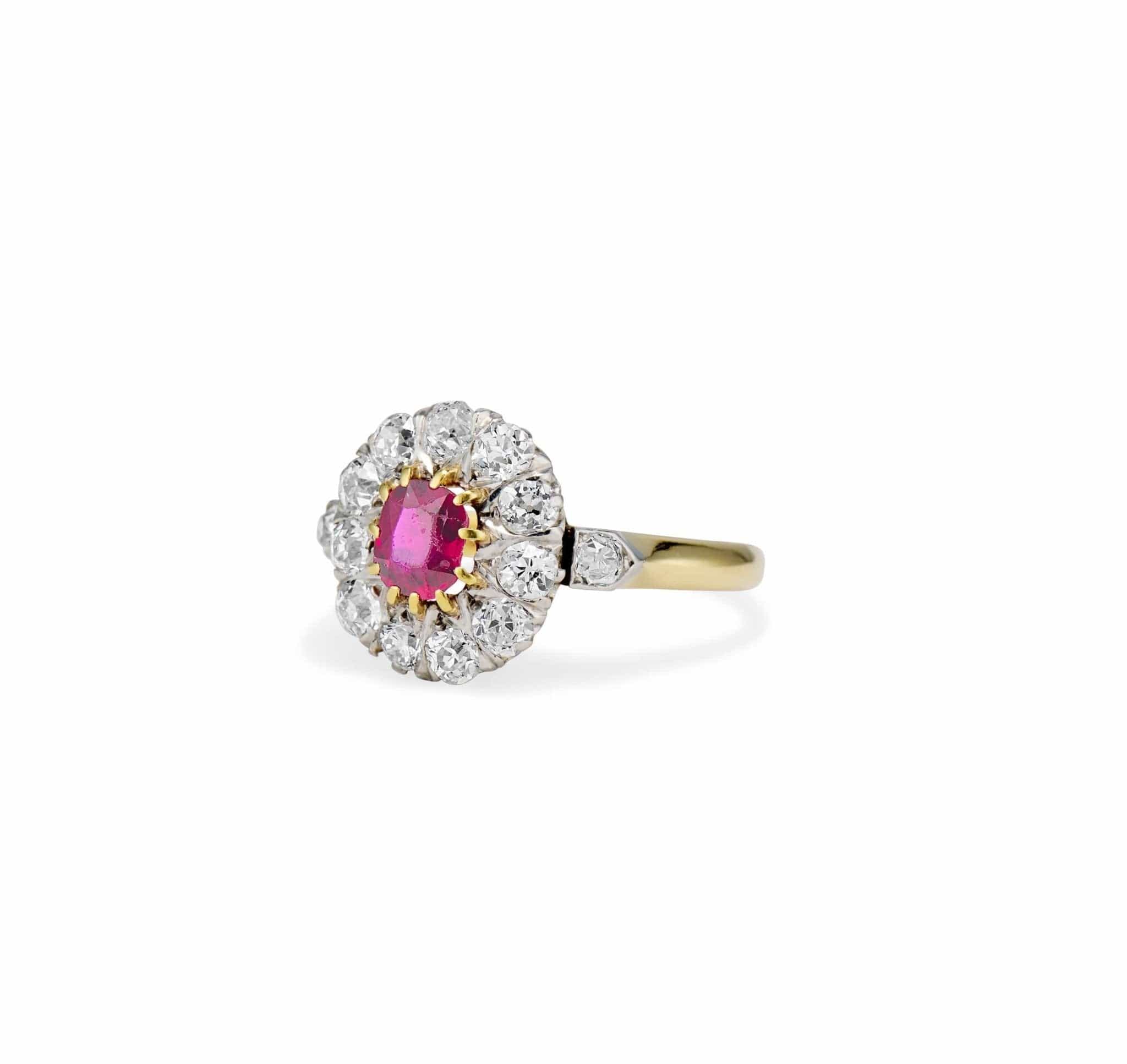 Edwardian .55 Cushion Ruby and Diamond Cluster Engagement Ring - Image 2
