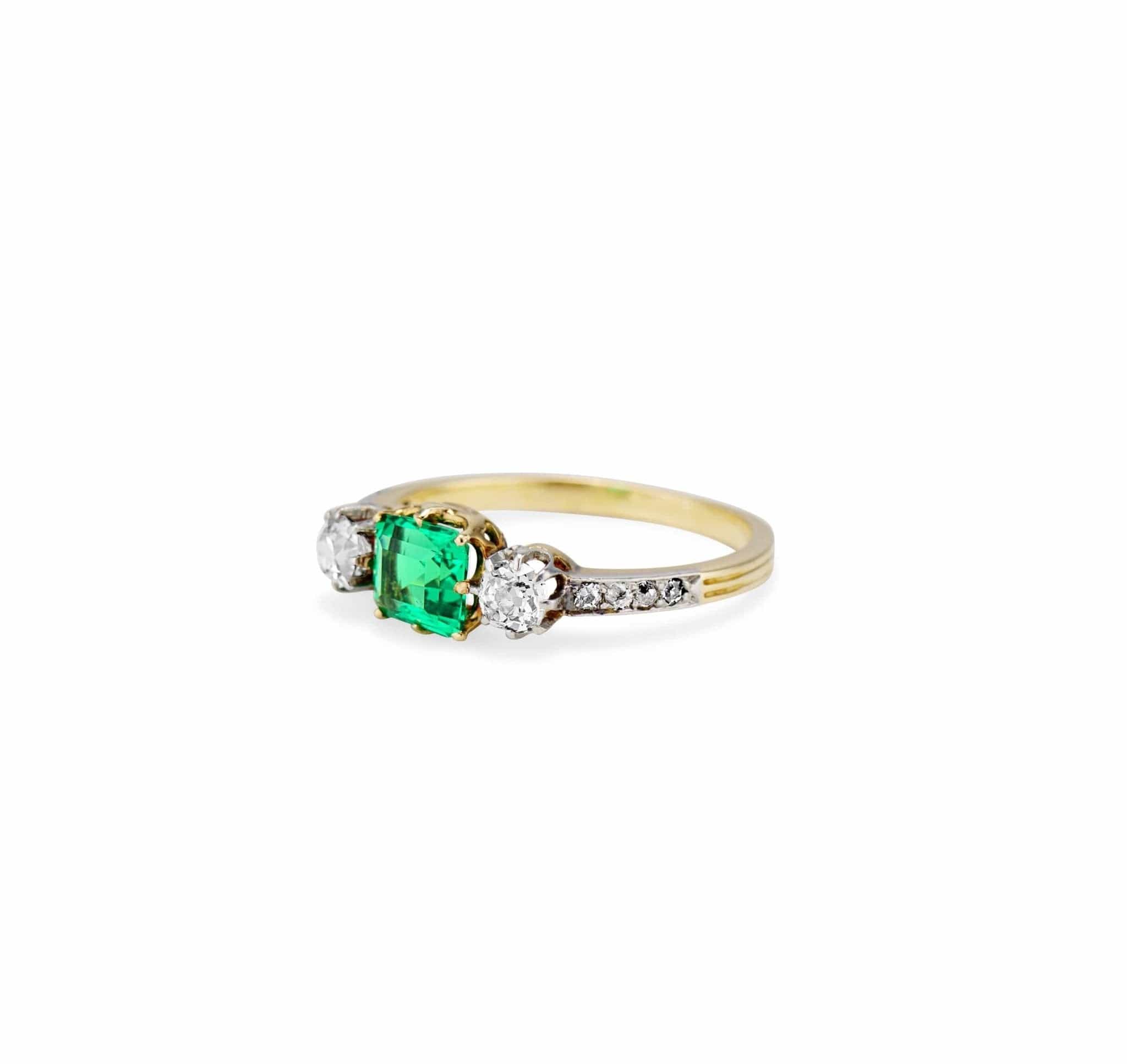 Late Edwardian .71 Carat Colombian Emerald-Cut Emerald and Diamond Three-Stone Ring - Image 2