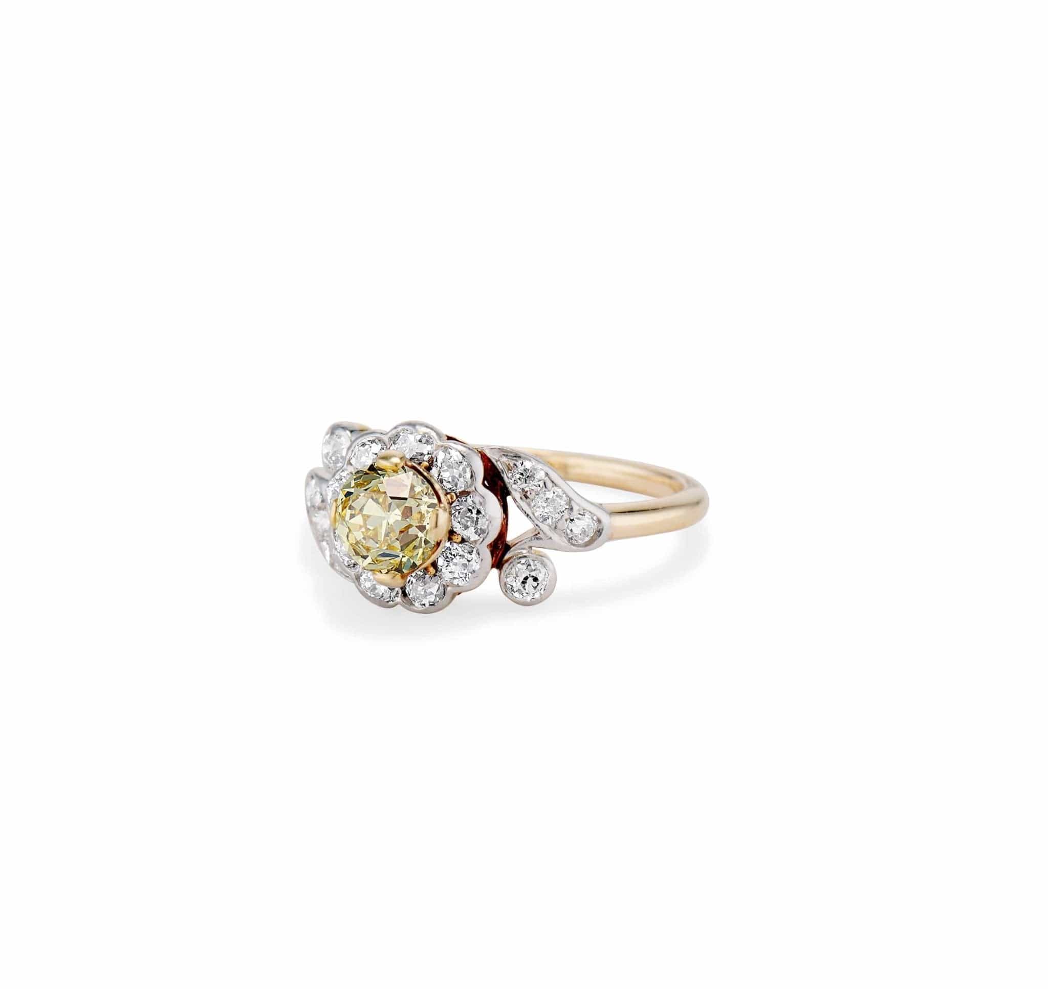 Edwardian .74 Carat Old European Cut Fancy Intense Yellow Diamond Flower Motif Engagement Ring - Image 2
