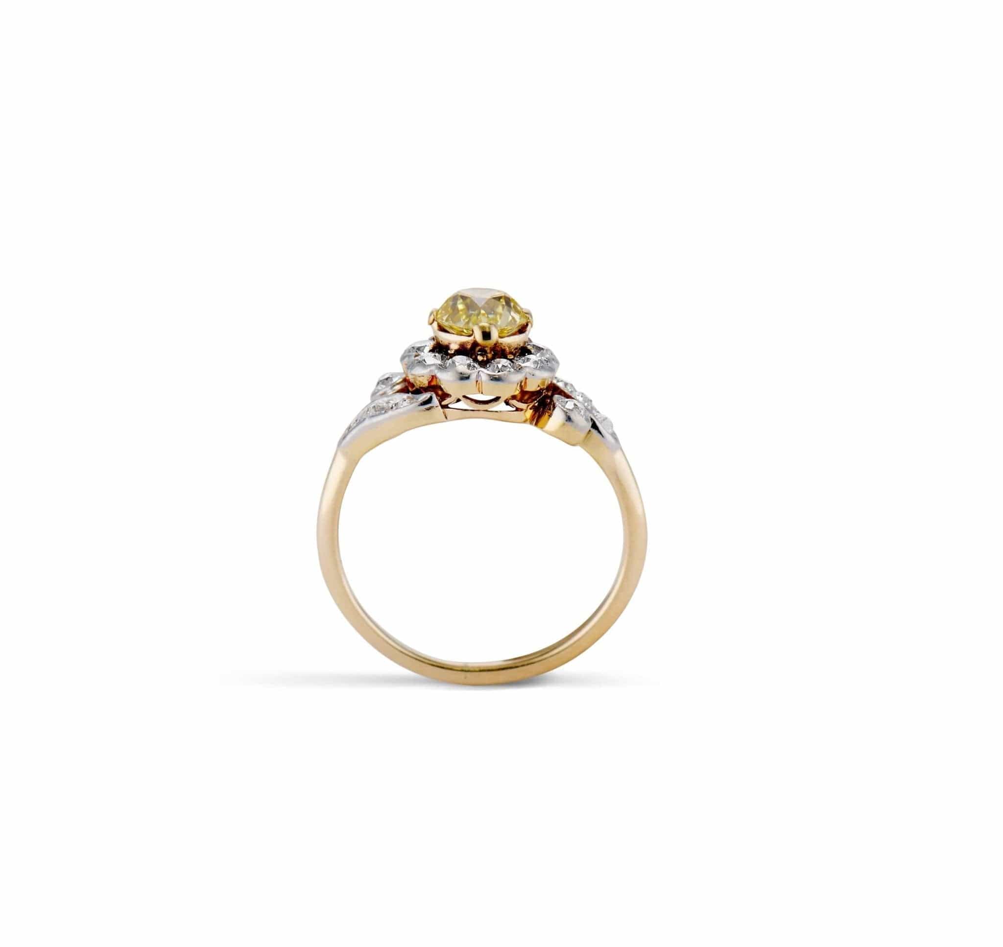 Edwardian .74 Carat Old European Cut Fancy Intense Yellow Diamond Flower Motif Engagement Ring - Image 5