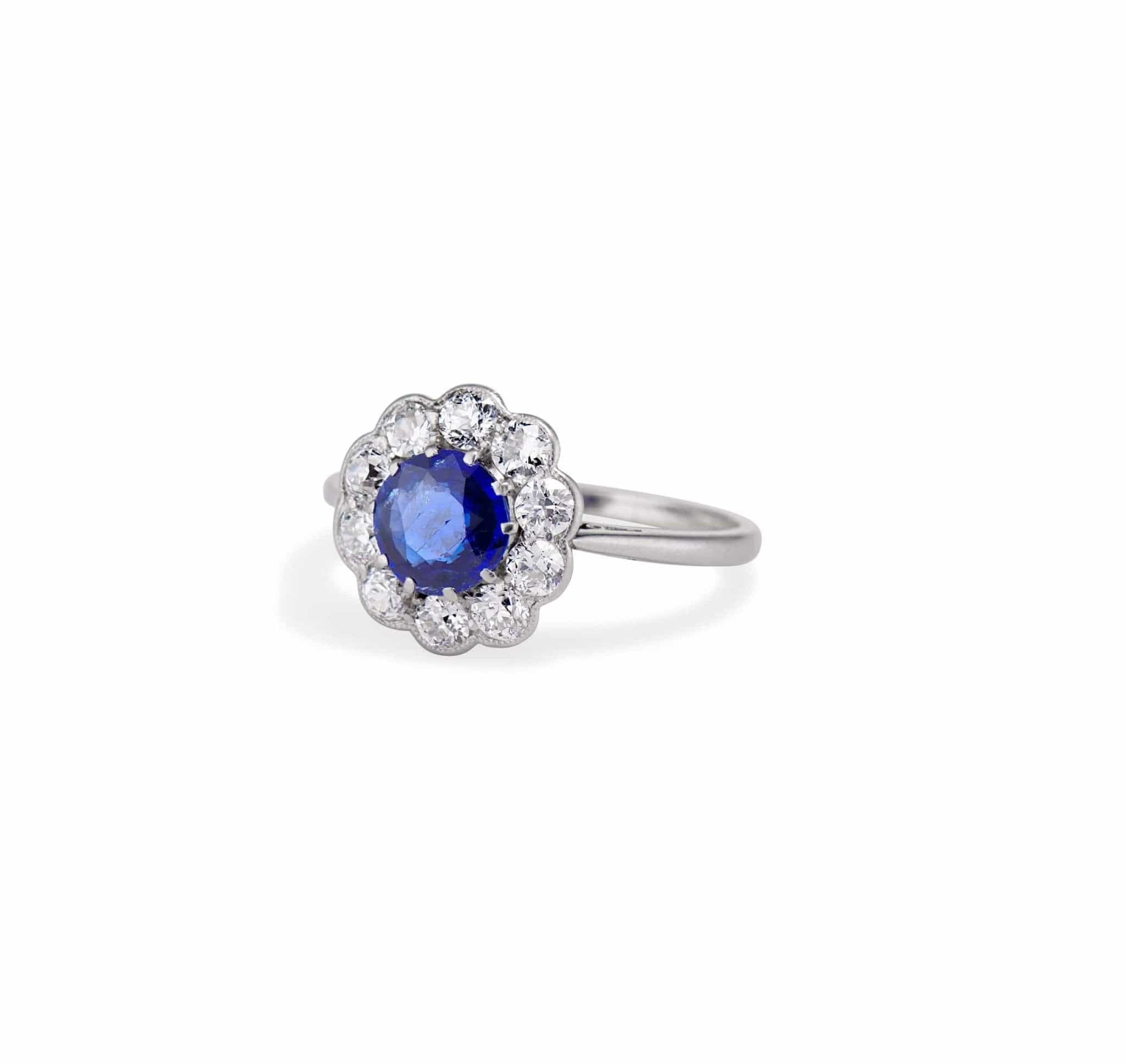 Edwardian .78 Sapphire and Diamond Flower Cluster Engagement Ring - Image 2