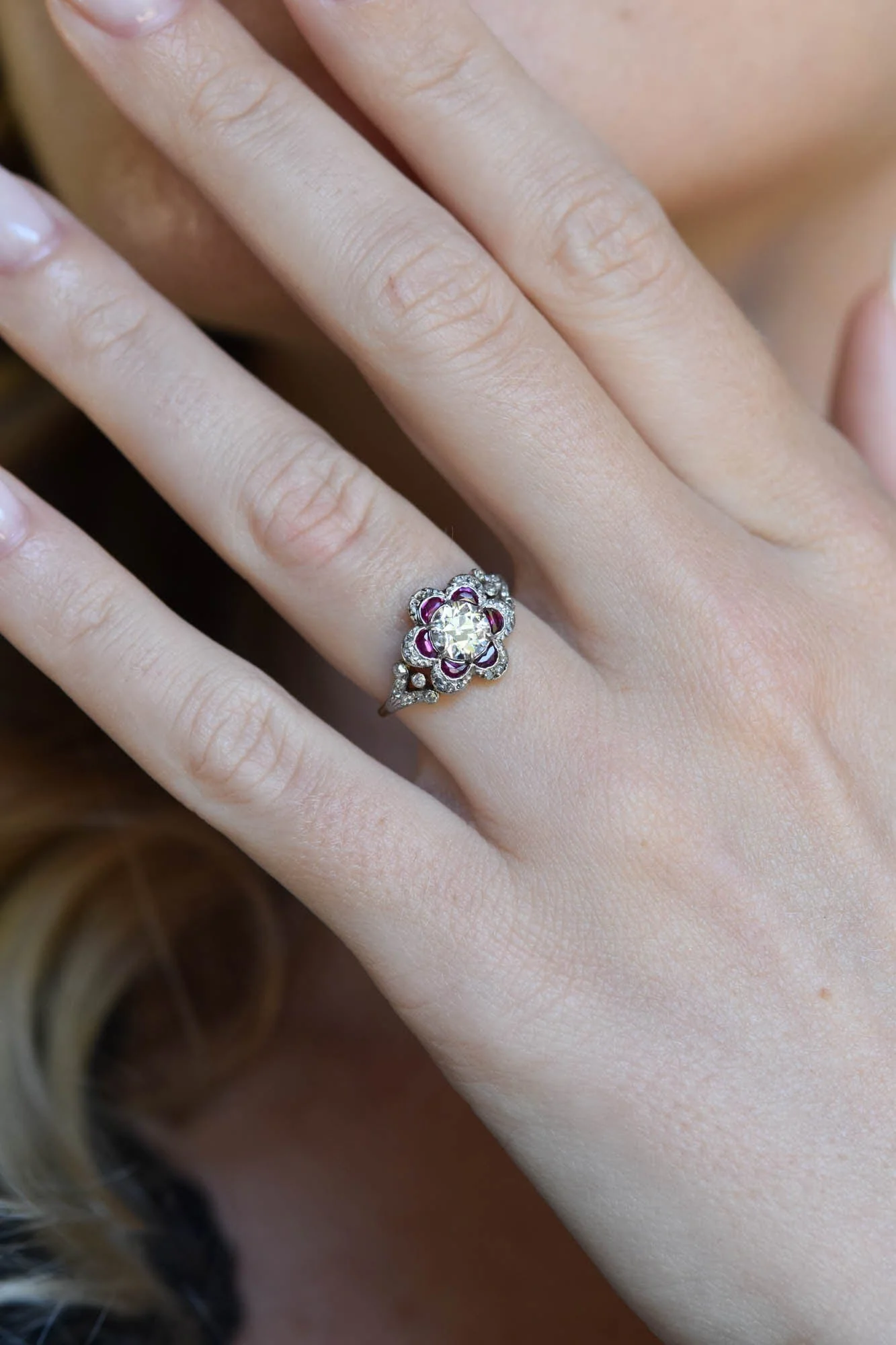 Edwardian Old European Cut Diamond & Ruby Florette Cluster Vintage Engagement Ring - Image 2