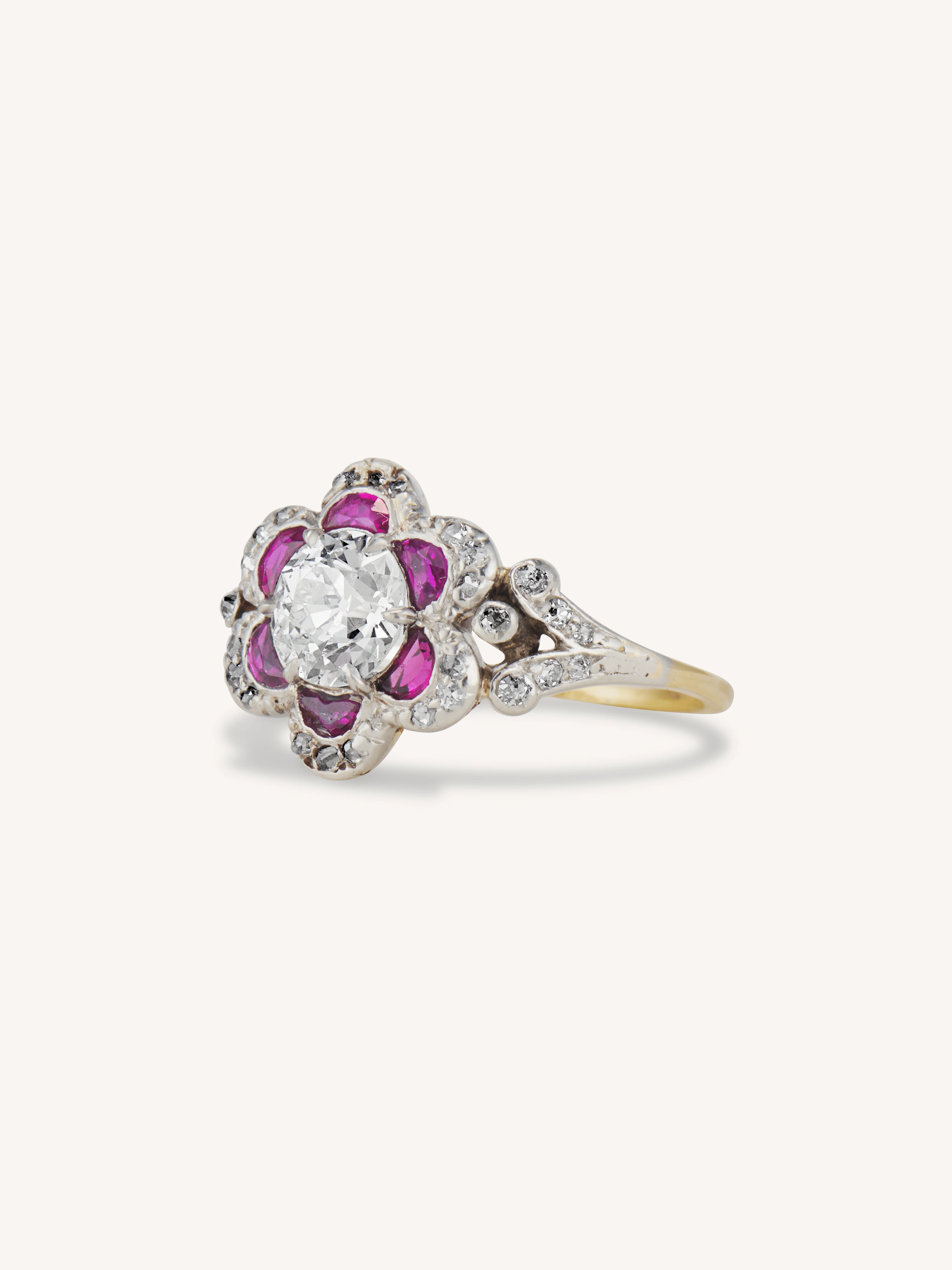Edwardian Old European Cut Diamond & Ruby Florette Cluster Vintage Engagement Ring - Image 4