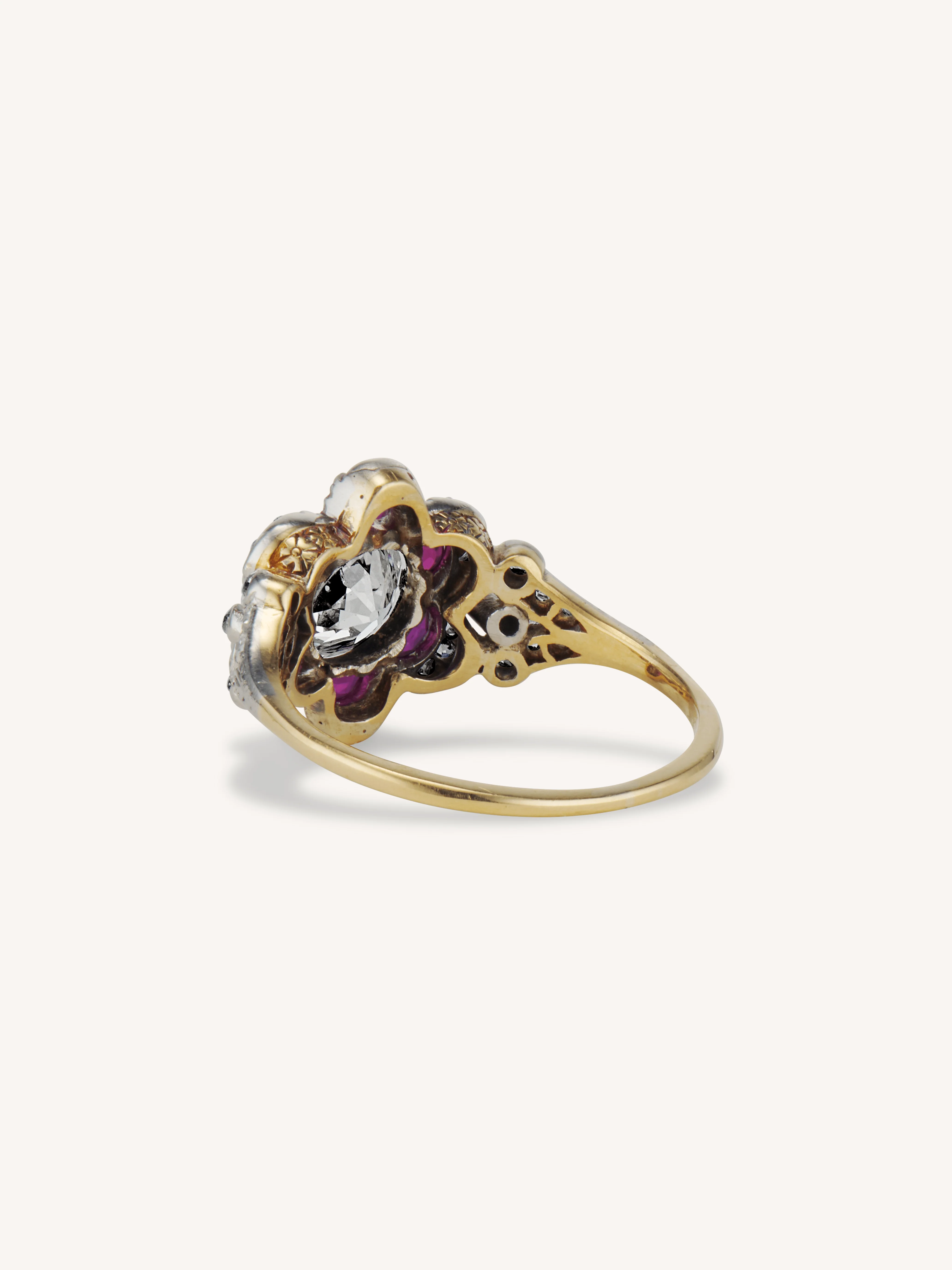 Edwardian Old European Cut Diamond & Ruby Florette Cluster Vintage Engagement Ring - Image 5