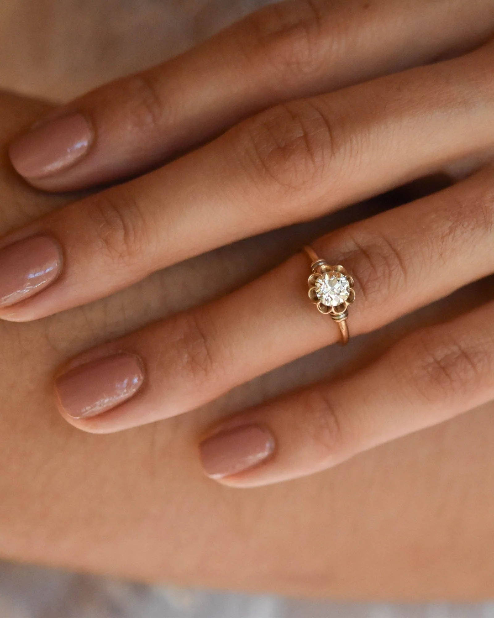 Edwardian Belcher Old European Cut Diamond Rose Gold Vintage Engagement Ring - Image 2