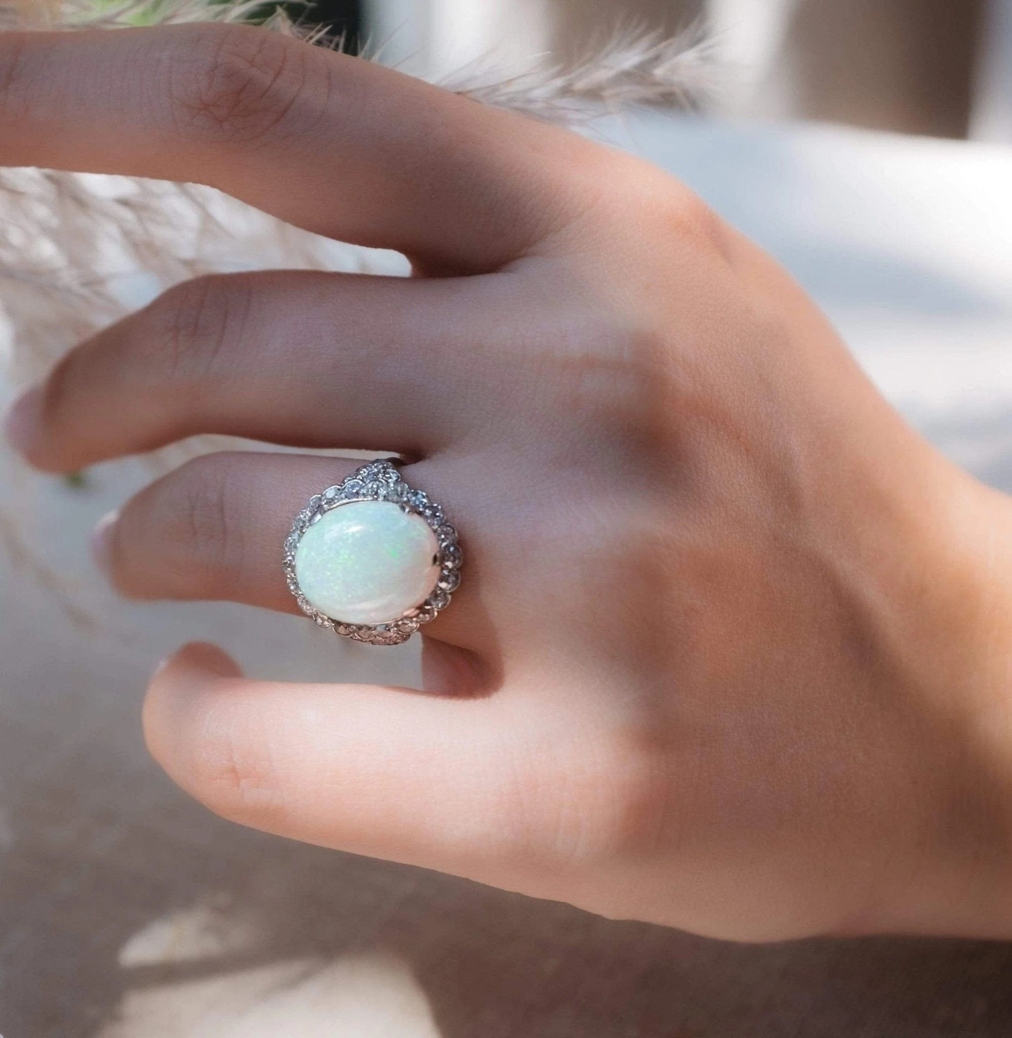 Art Deco Cabochon Opal Diamond and Platinum Ring - Image 7
