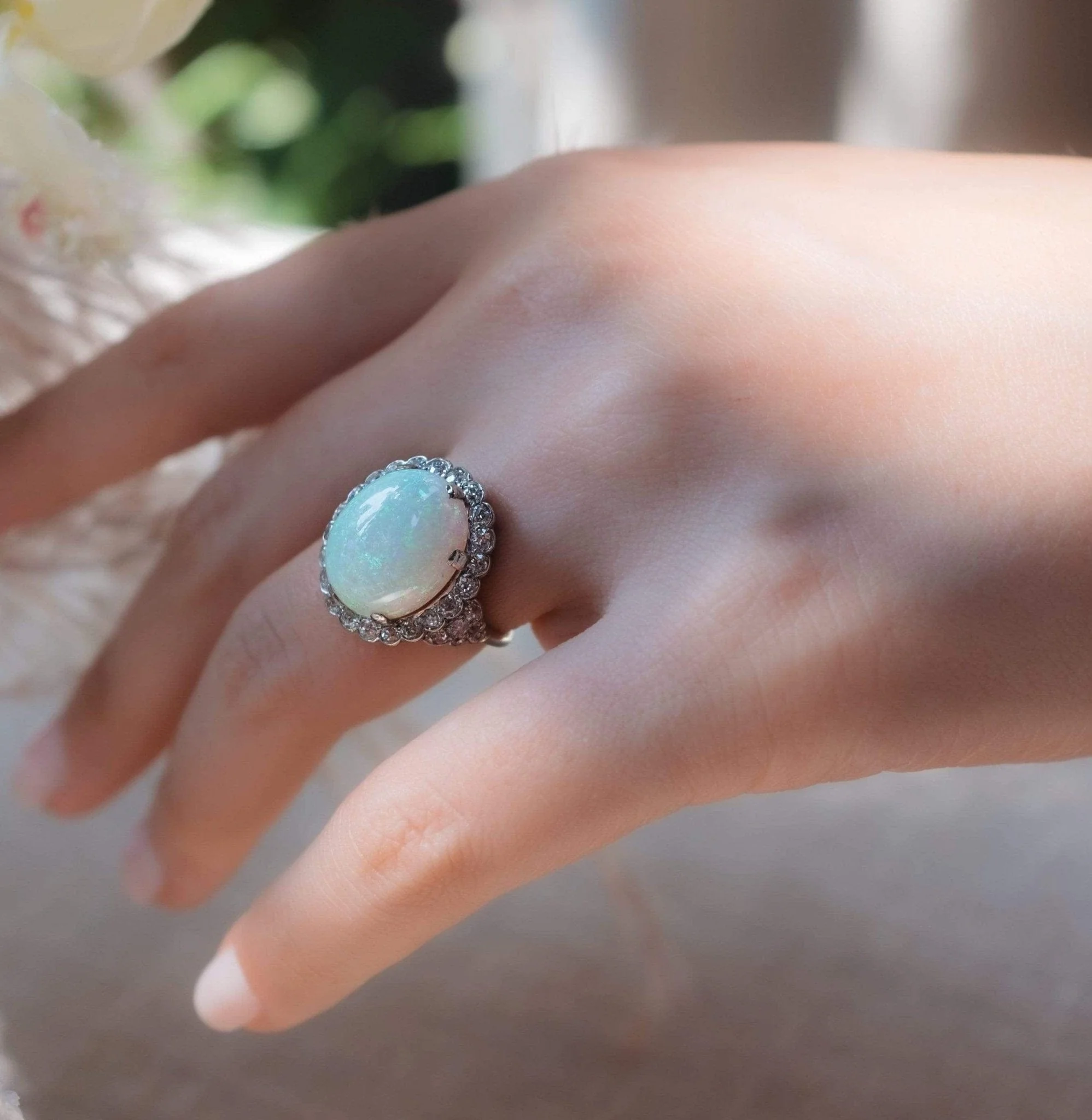 Art Deco Cabochon Opal Diamond and Platinum Ring - Image 8