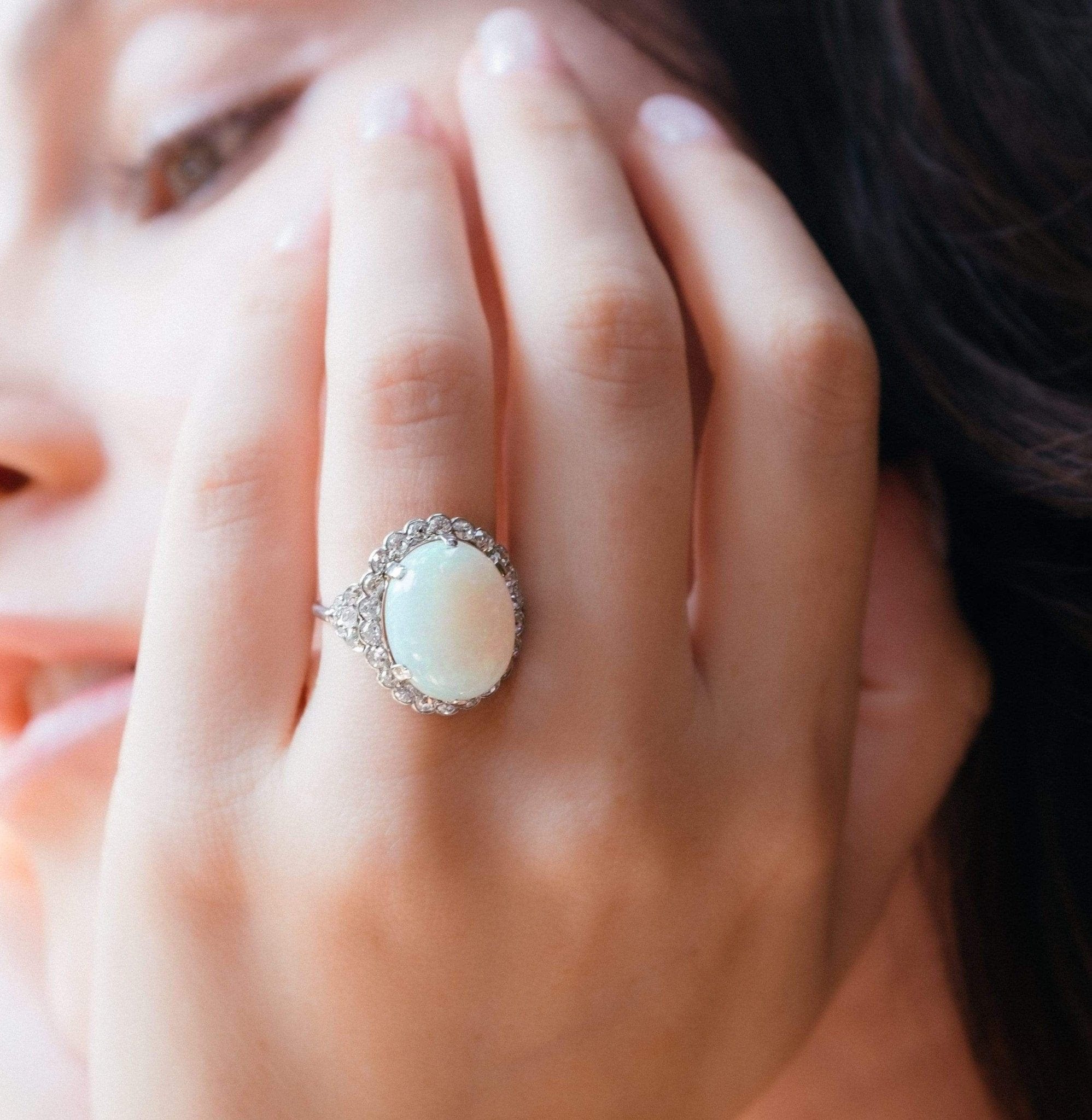 Art Deco Cabochon Opal Diamond and Platinum Ring - Image 9