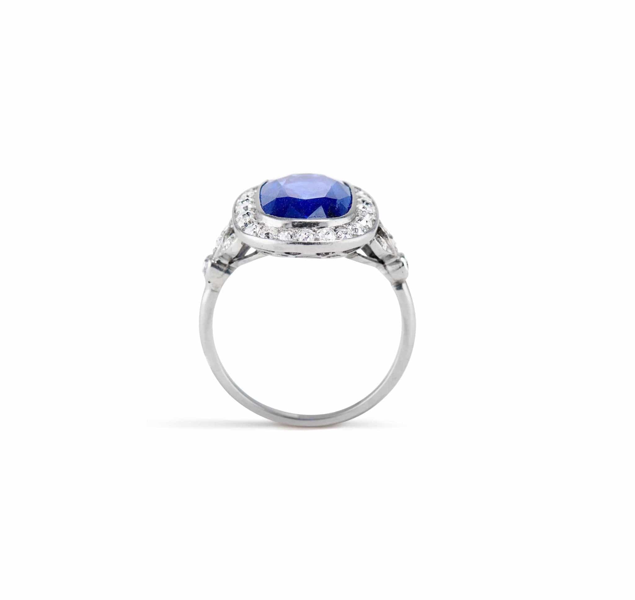 Edwardian French Cushion-Cut Burma Sapphire Diamond and Platinum Cluster Ring - Image 4