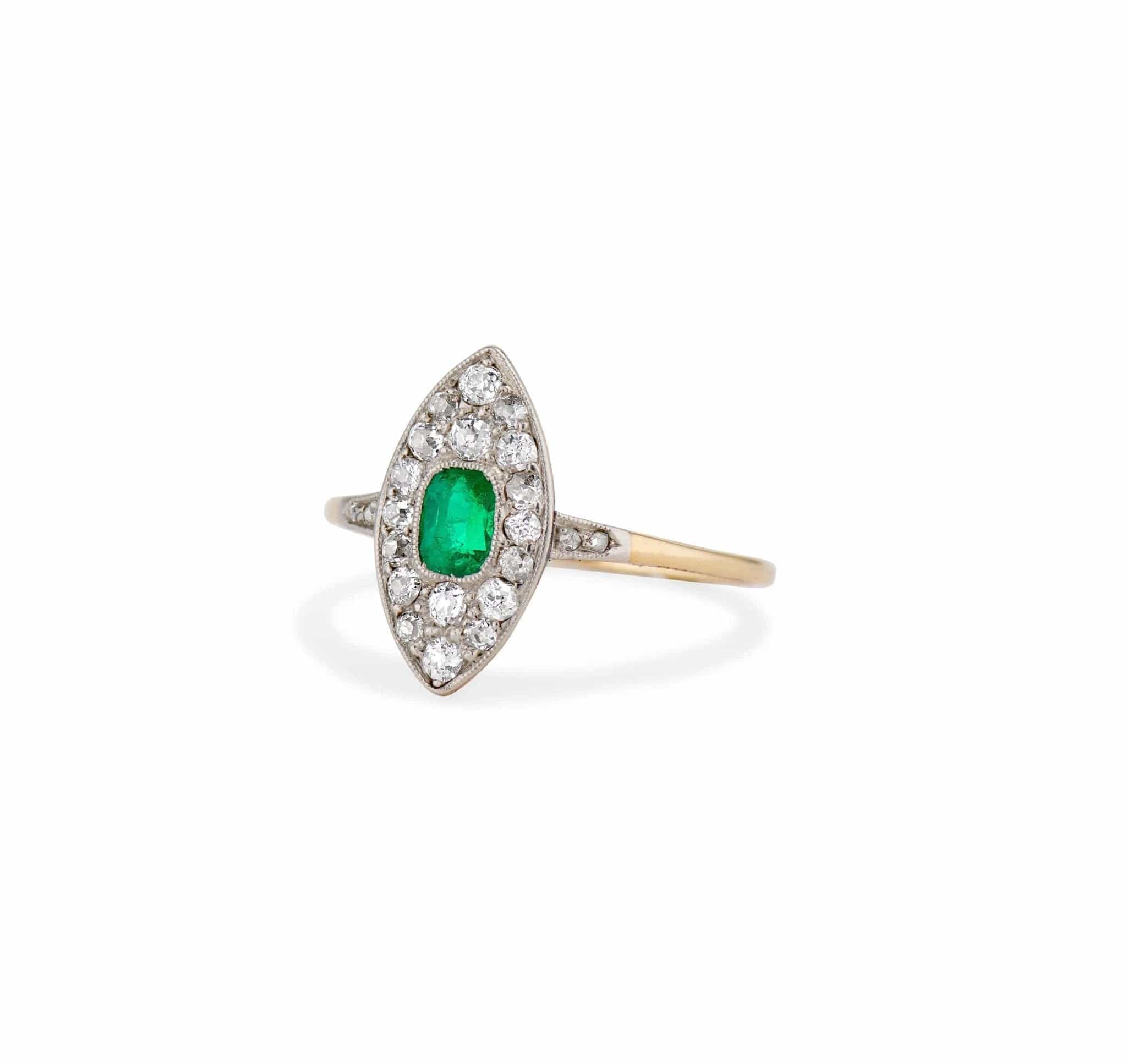 Edwardian Cushion Emerald and Diamond Navette Ring - Image 2