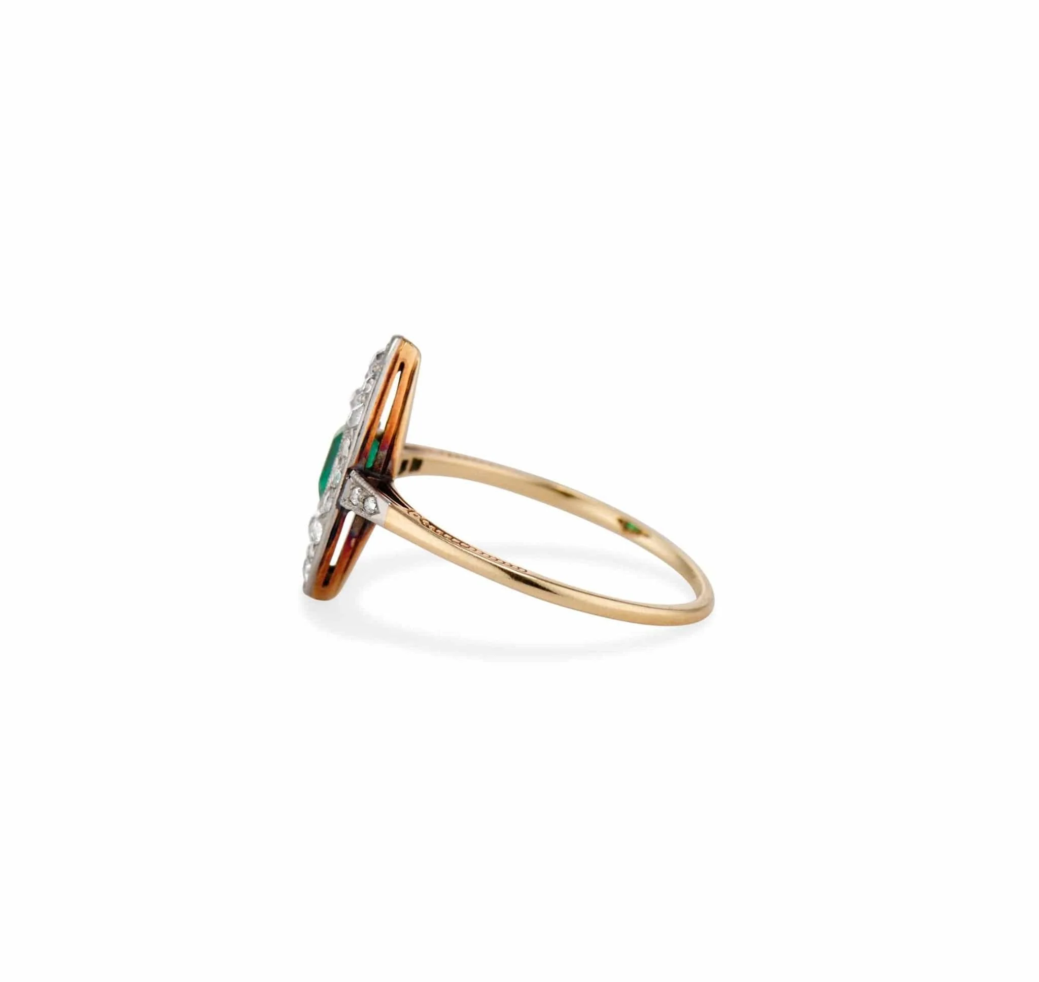 Edwardian Cushion Emerald and Diamond Navette Ring - Image 3