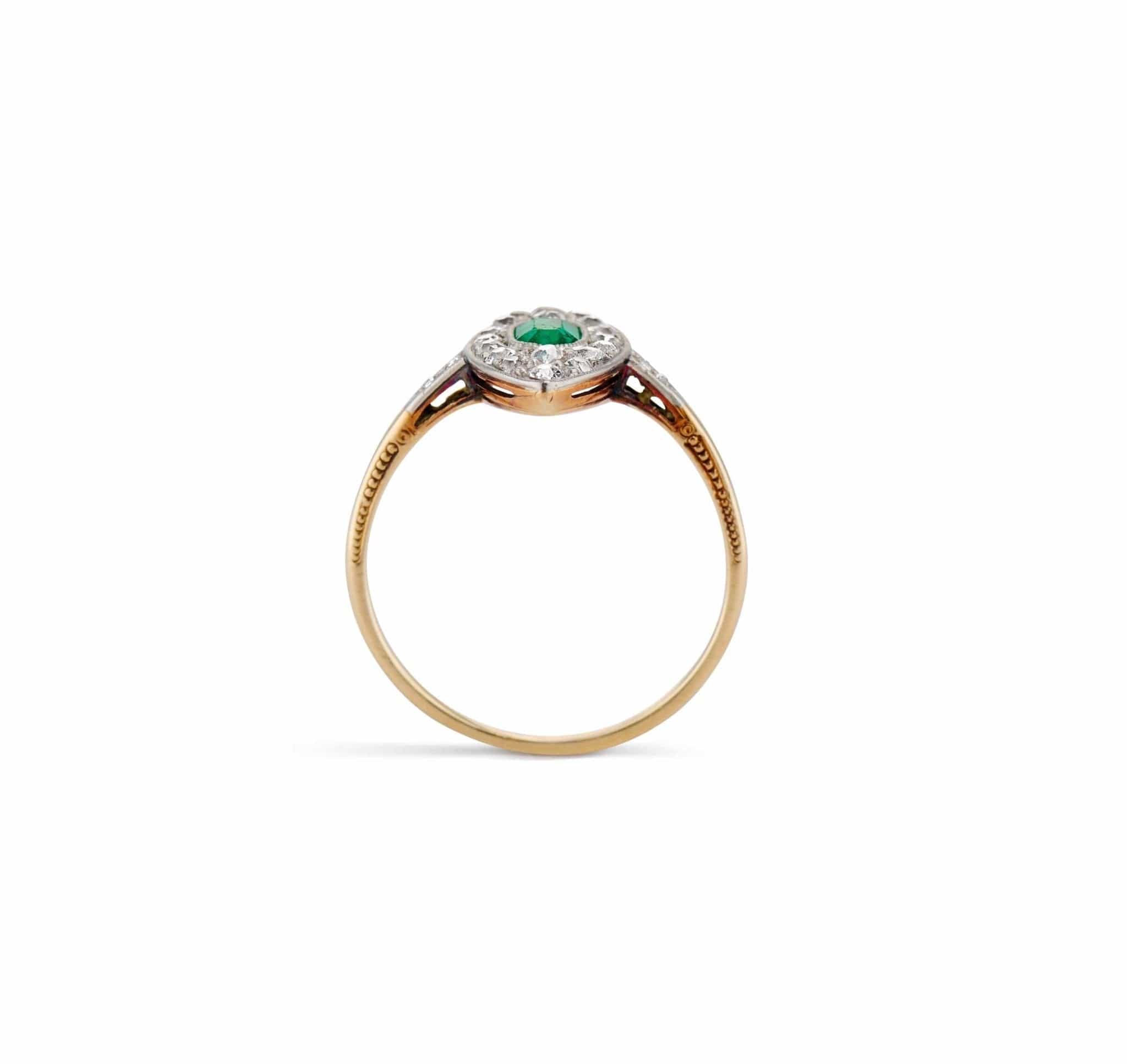 Edwardian Cushion Emerald and Diamond Navette Ring - Image 5
