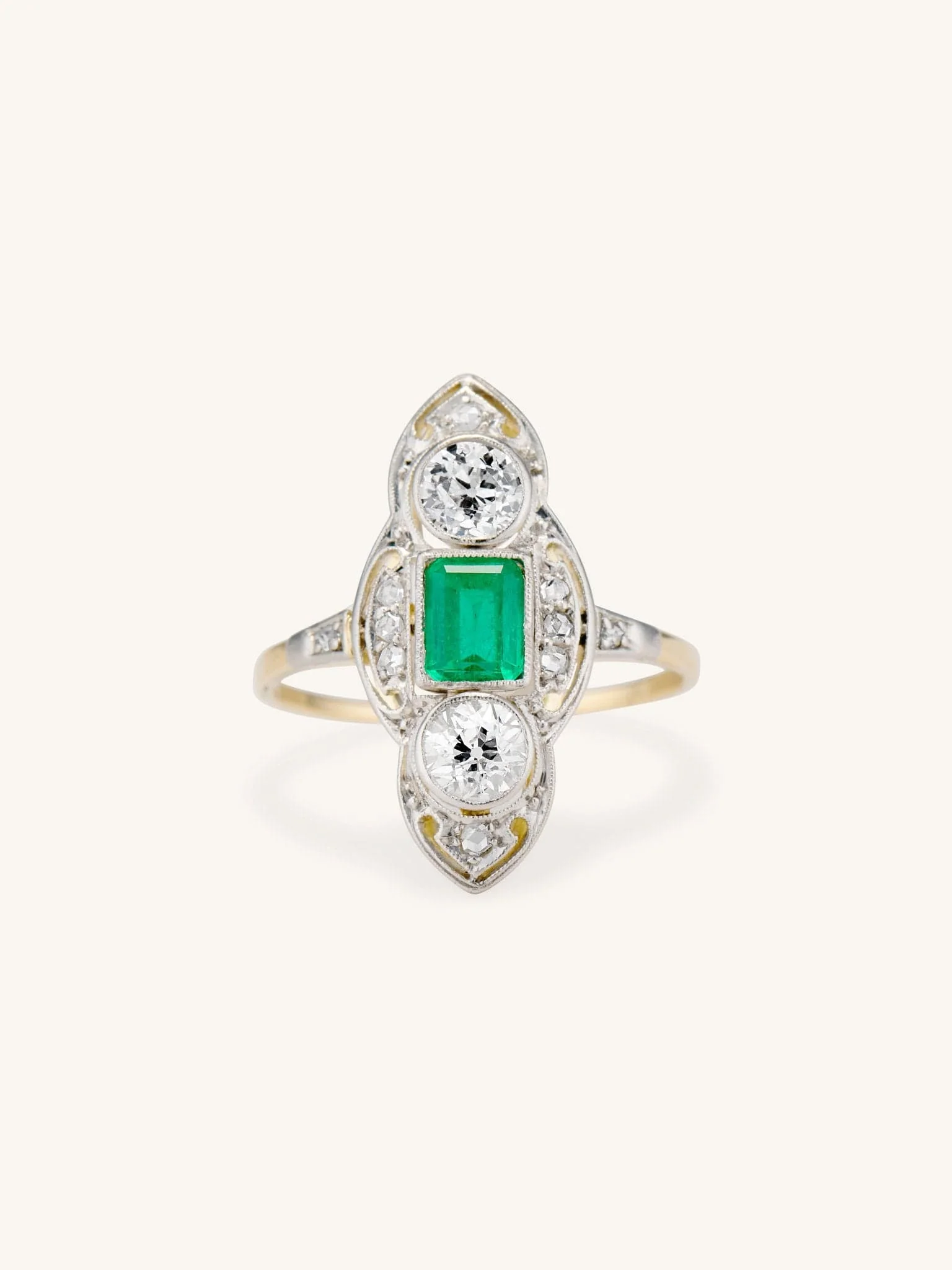 Edwardian Emerald Cut Emerald & Diamond Three Stone Dinner Ring - Image 4