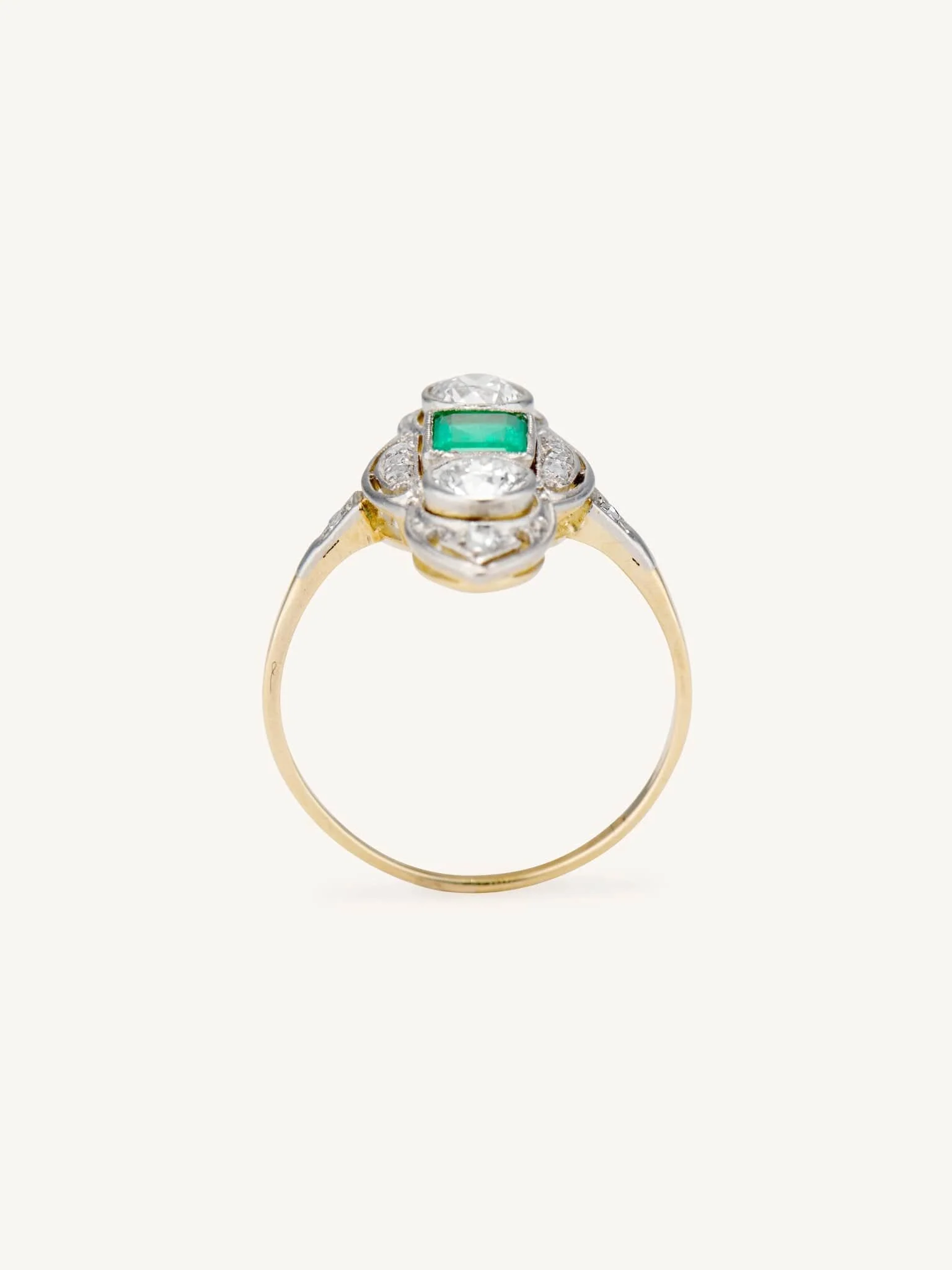 Edwardian Emerald Cut Emerald & Diamond Three Stone Dinner Ring - Image 5
