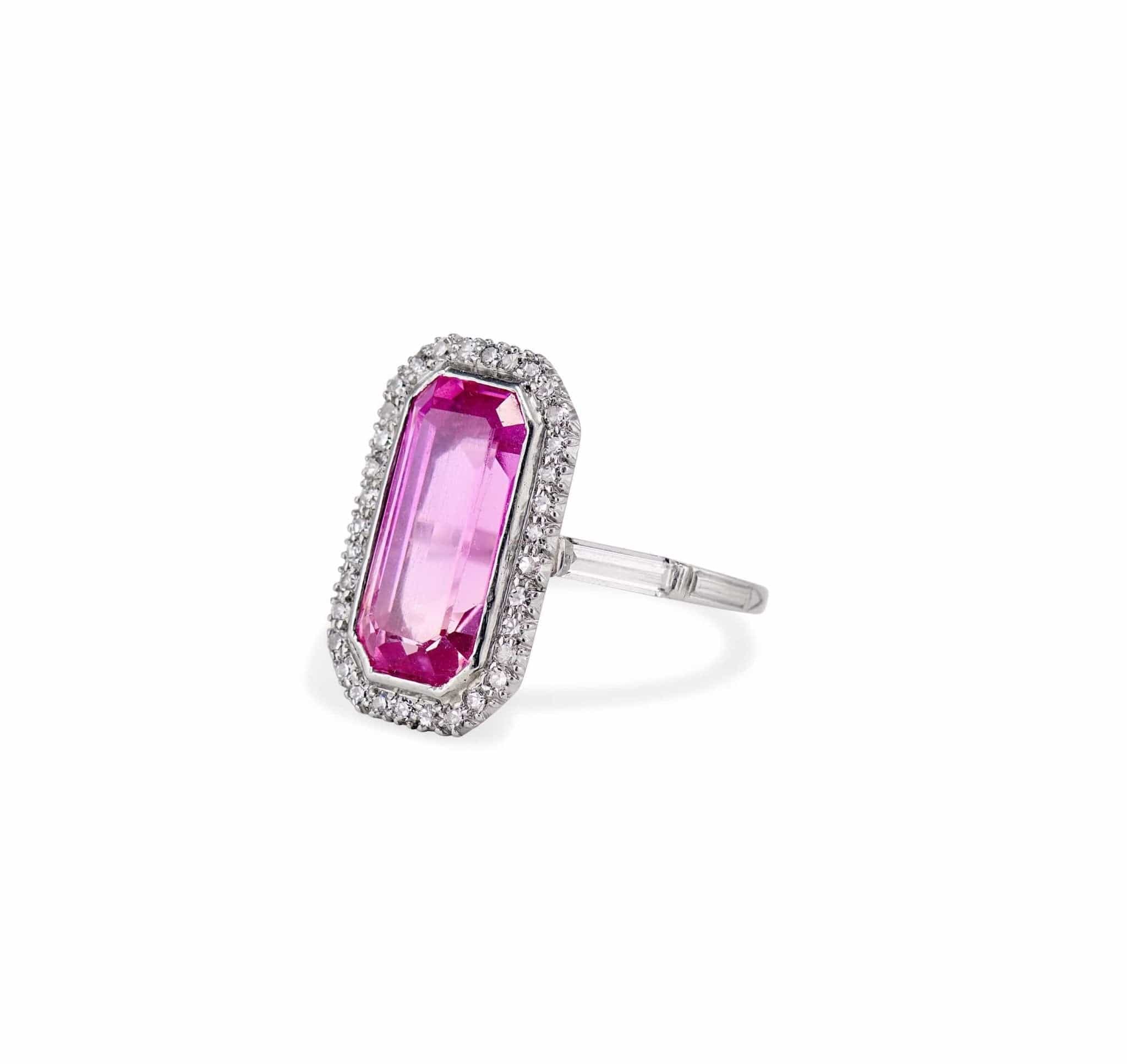 Edwardian Emerald Cut Pink Topaz and Diamond Ring - Image 2