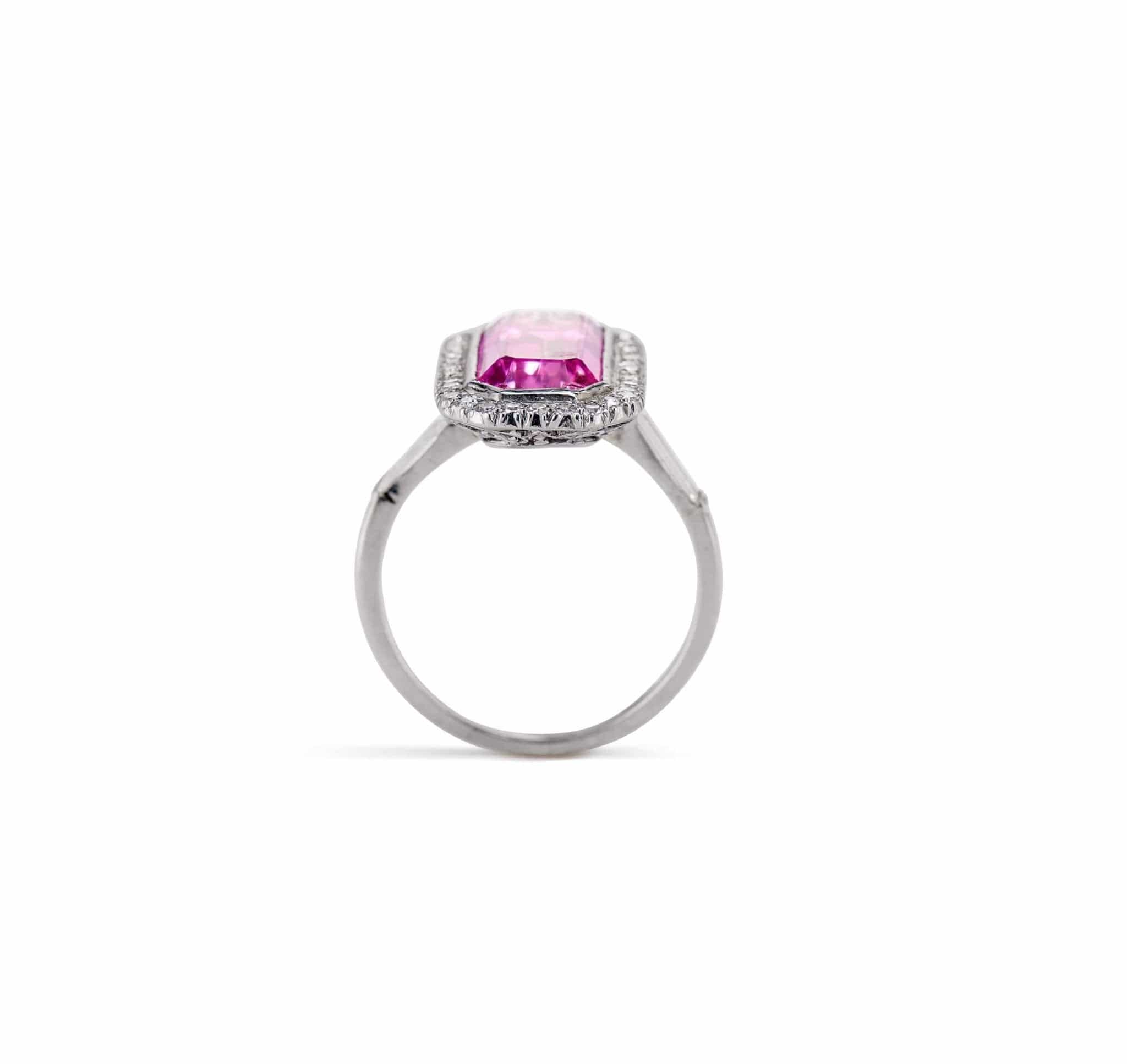 Edwardian Emerald Cut Pink Topaz and Diamond Ring - Image 3
