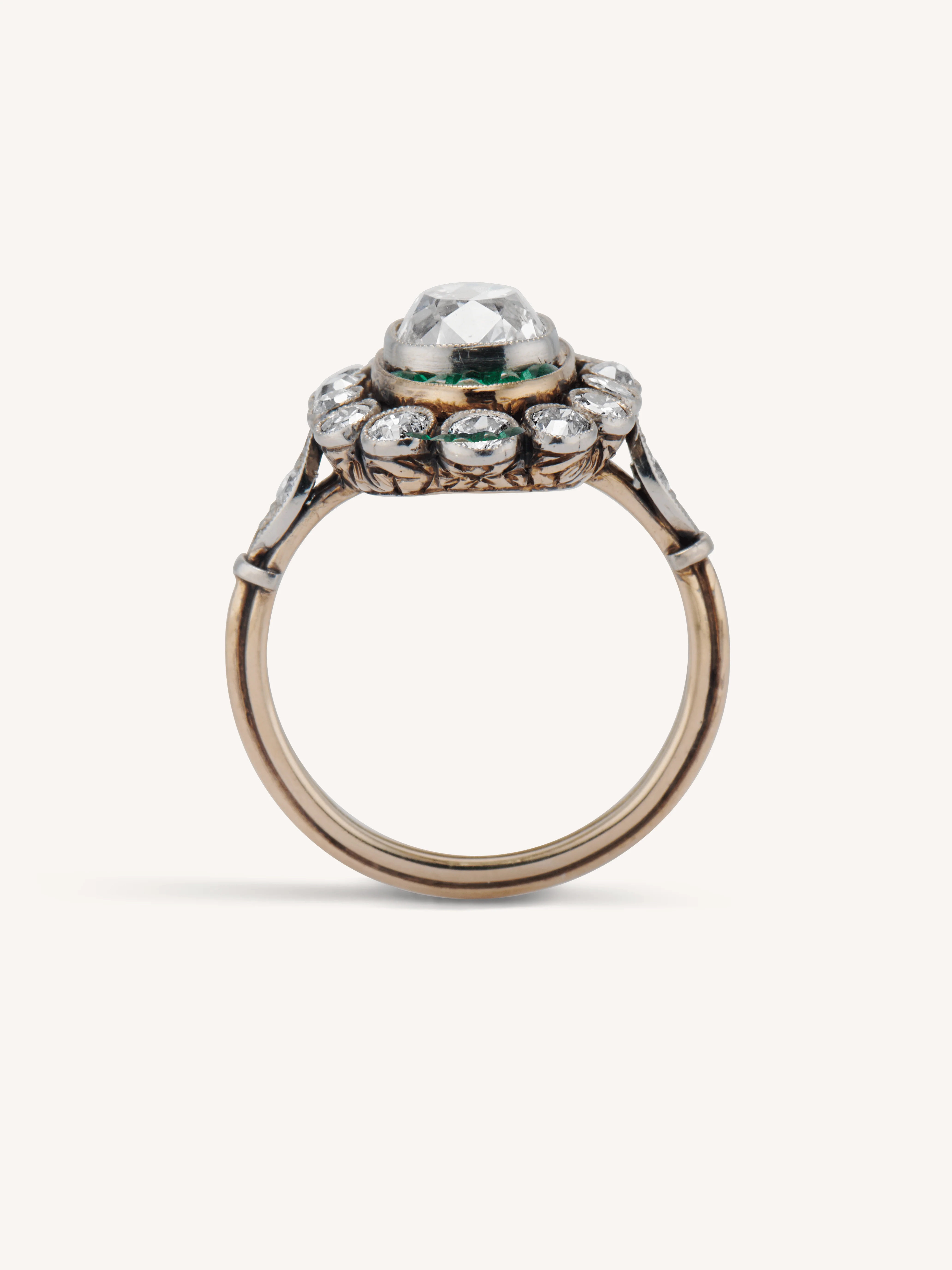 Edwardian 1.60 Carat Old Mine Diamond & Emerald Antique Cluster Ring - Image 5
