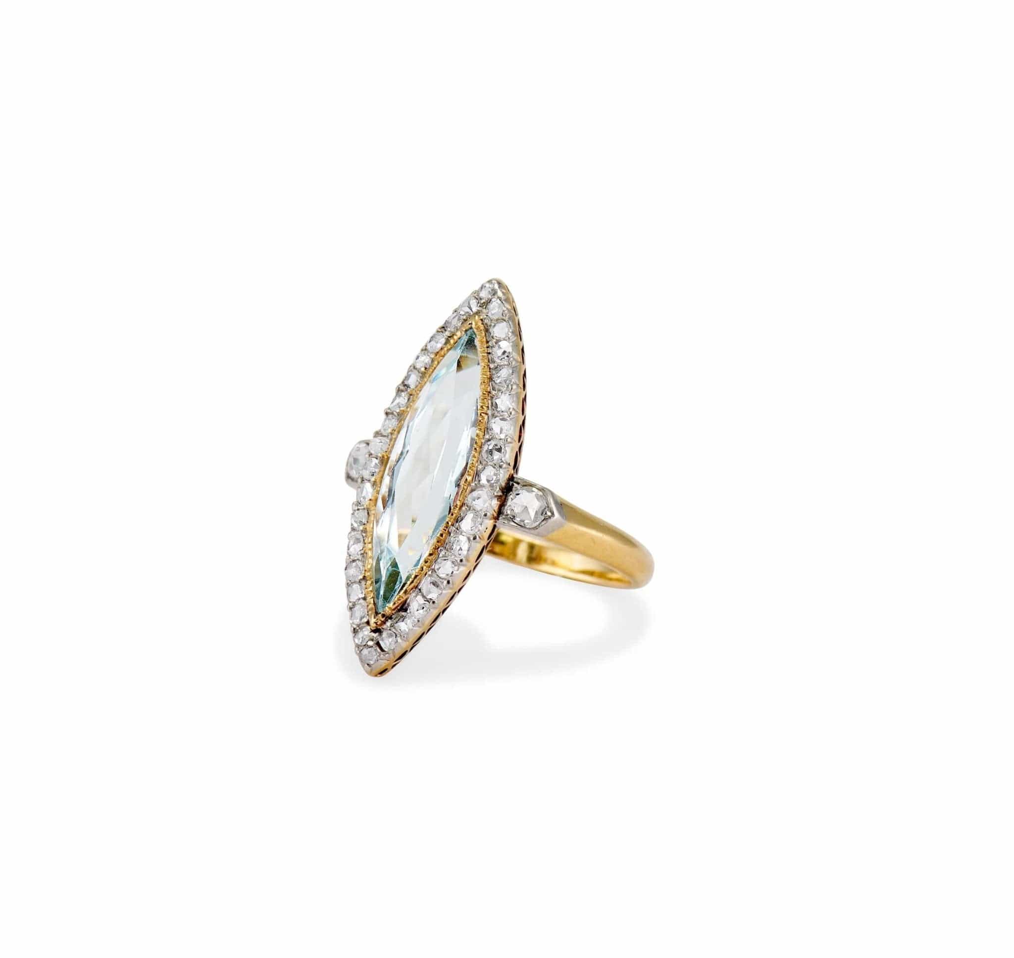 Edwardian Marquise Cut Aquamarine & Diamond Dinner Ring - Image 2