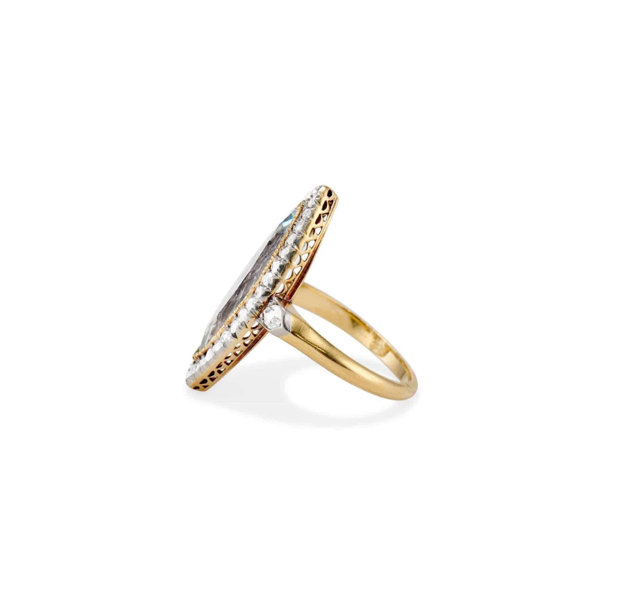 Edwardian Marquise Cut Aquamarine & Diamond Dinner Ring - Image 3
