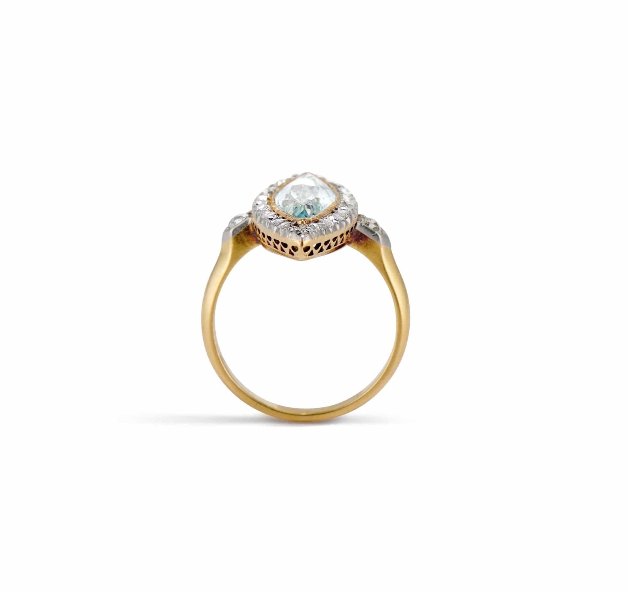 Edwardian Marquise Cut Aquamarine & Diamond Dinner Ring - Image 4