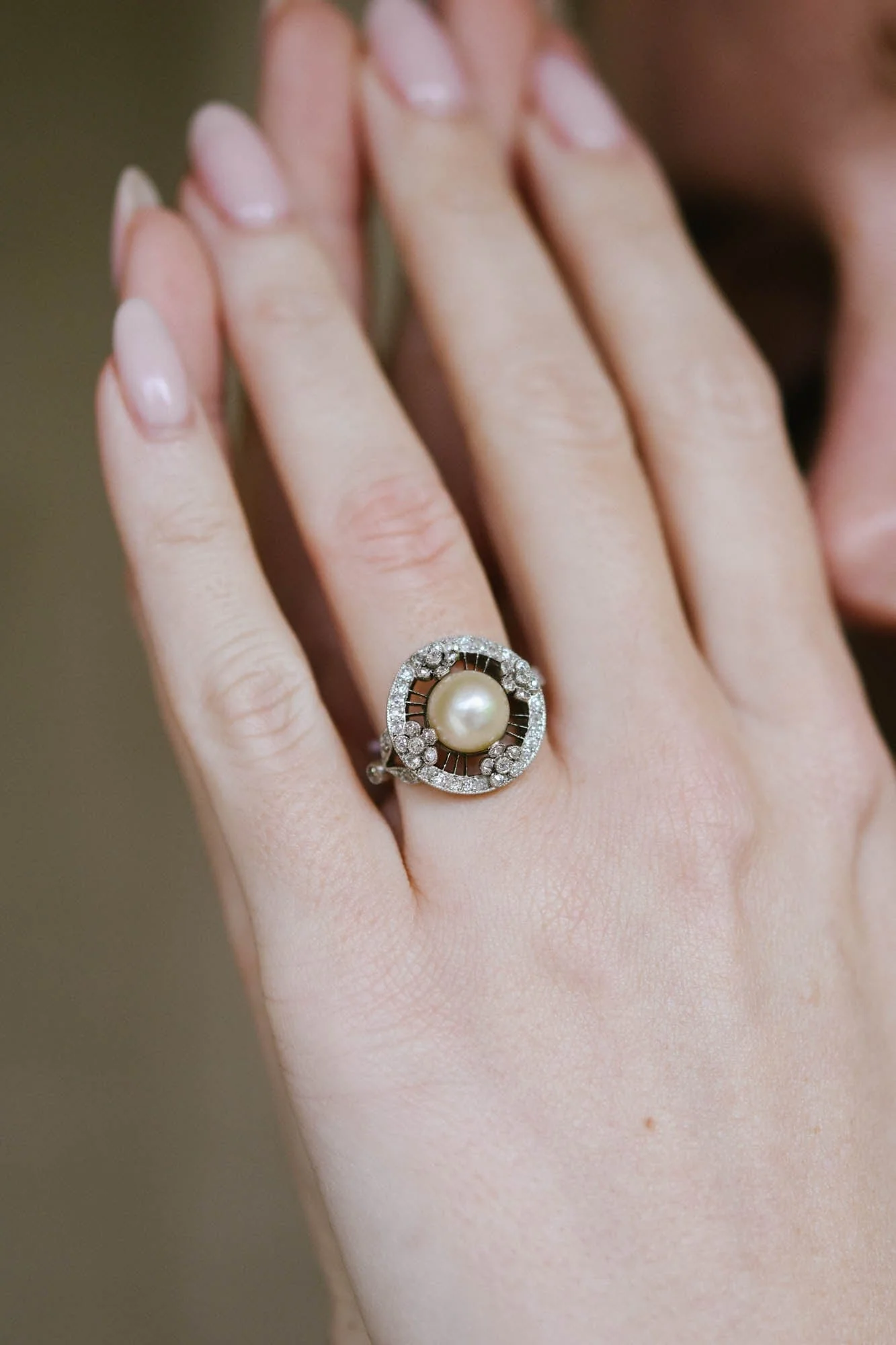 Edwardian Natural Saltwater Pearl & Diamond Dinner Ring - Image 2
