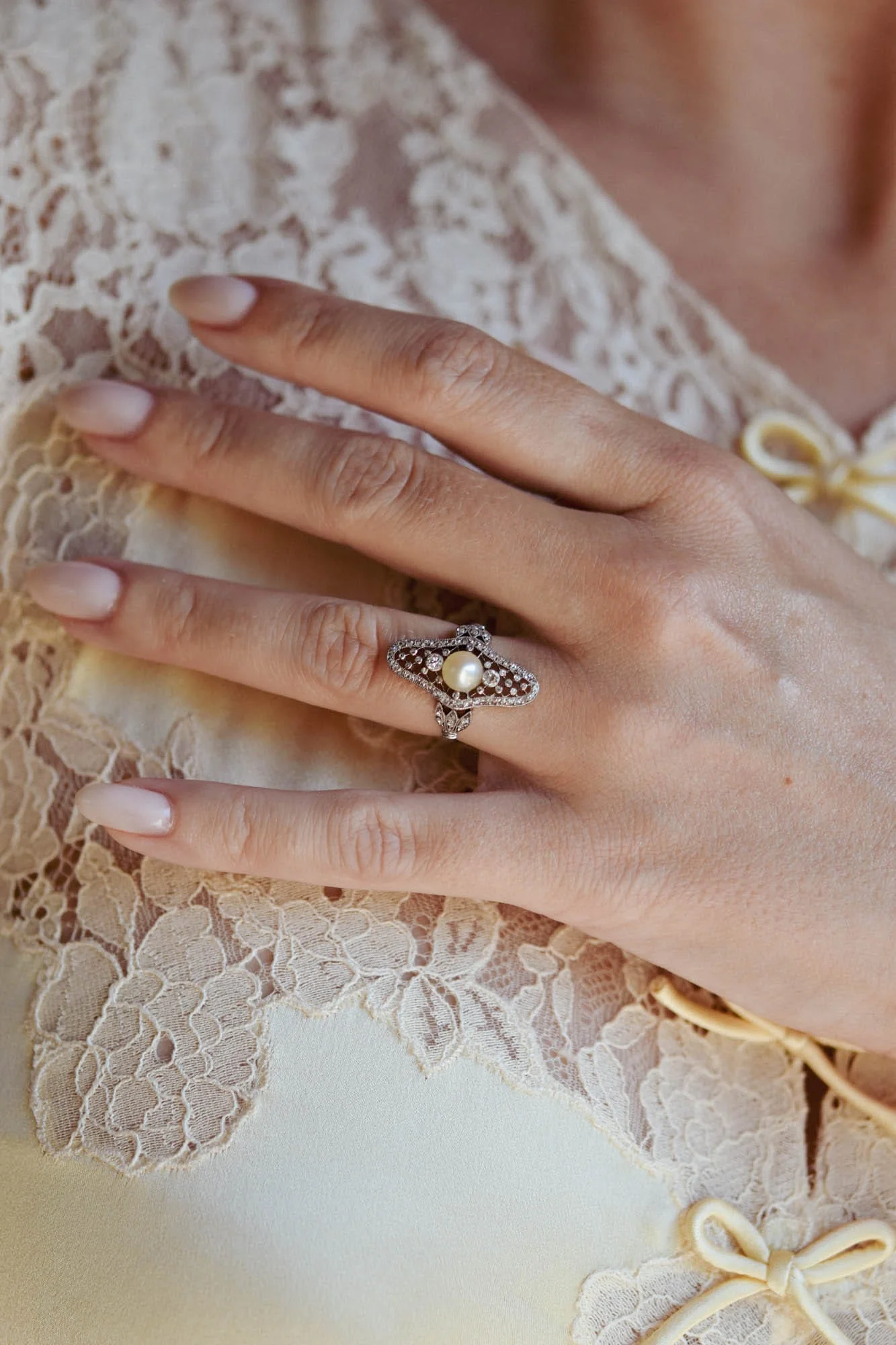 Edwardian Natural Saltwater Pearl & Diamond Navette Antique Dinner Ring - Image 3
