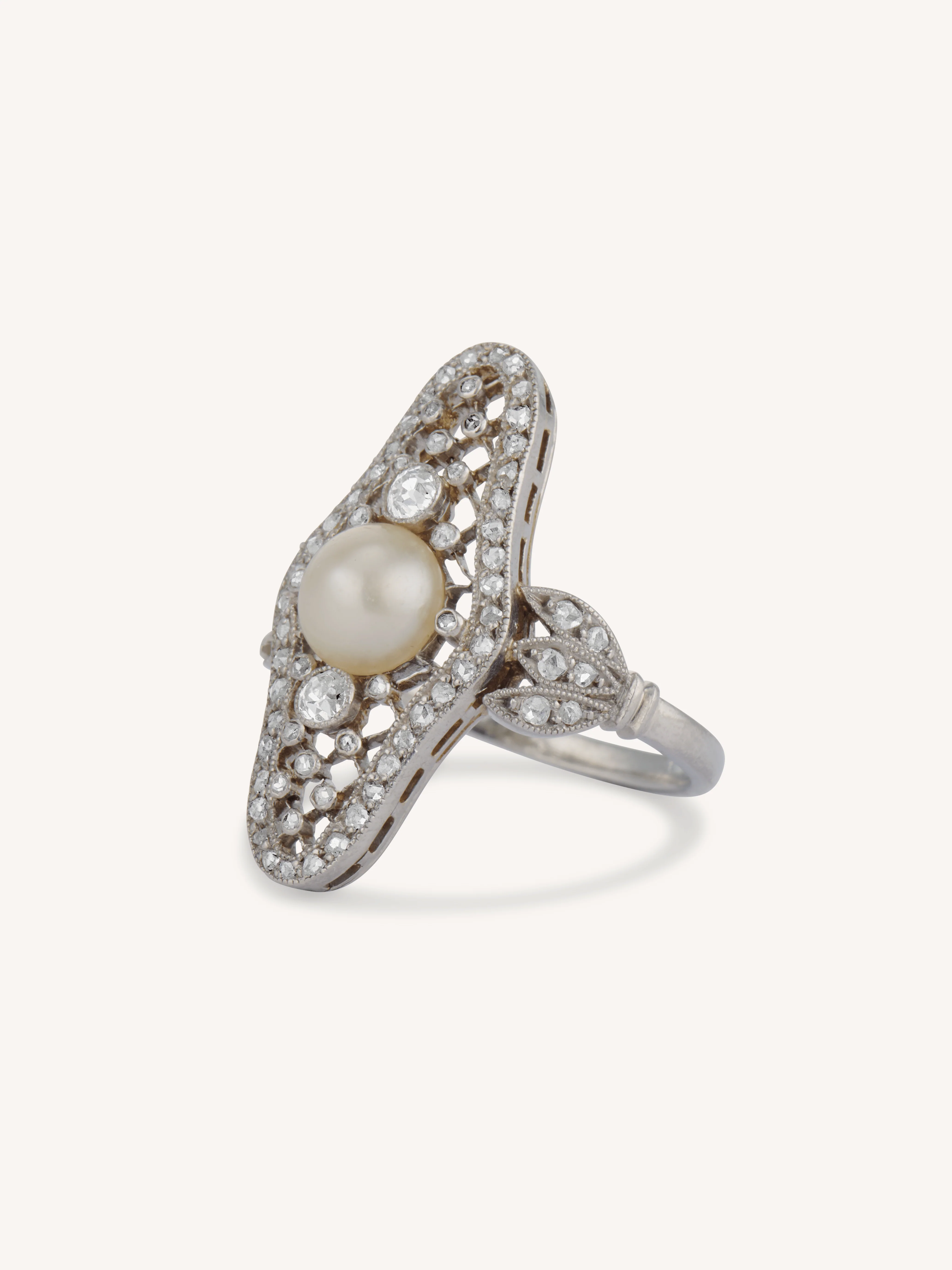 Edwardian Natural Saltwater Pearl & Diamond Navette Antique Dinner Ring - Image 4