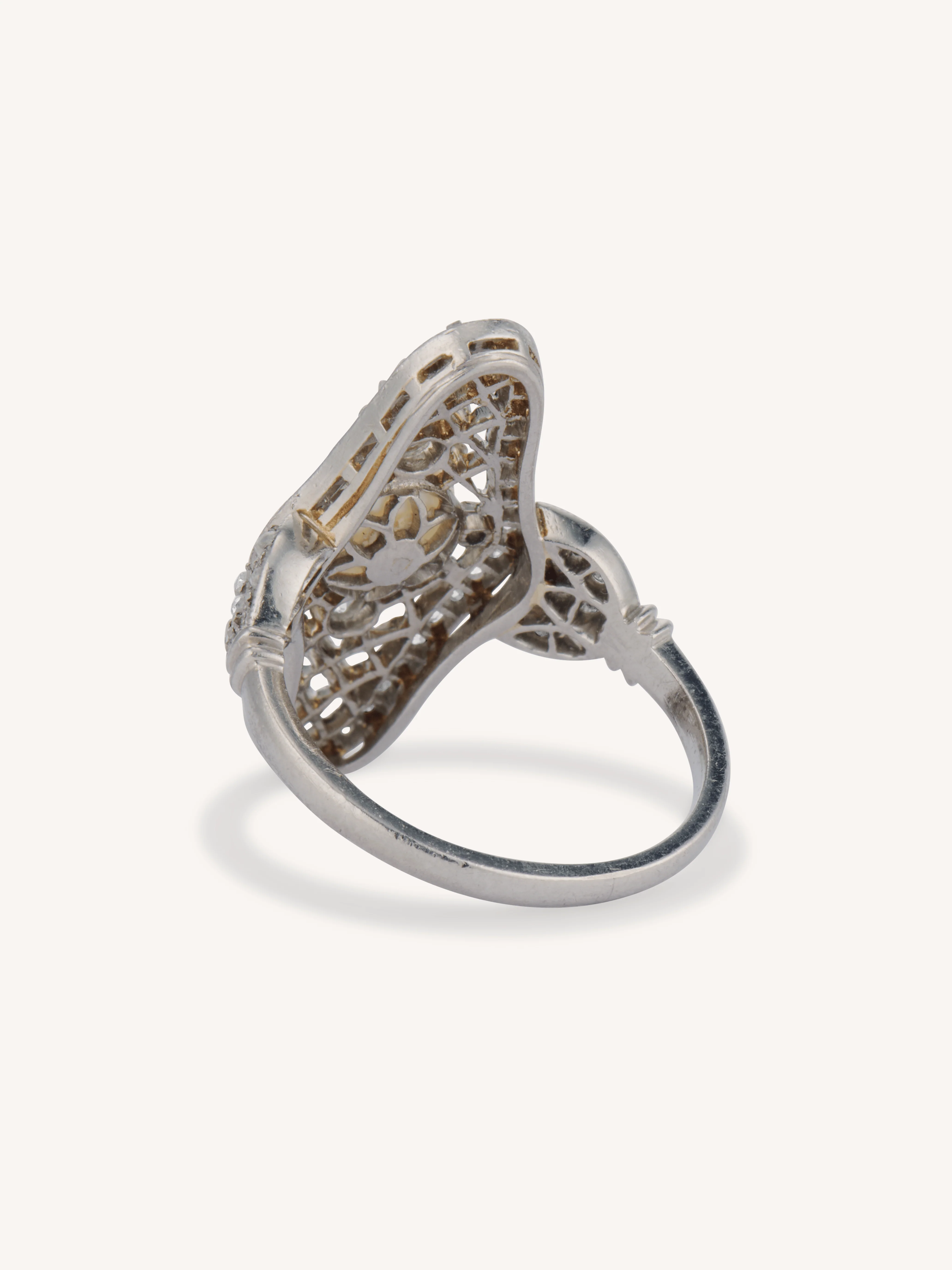 Edwardian Natural Saltwater Pearl & Diamond Navette Antique Dinner Ring - Image 5