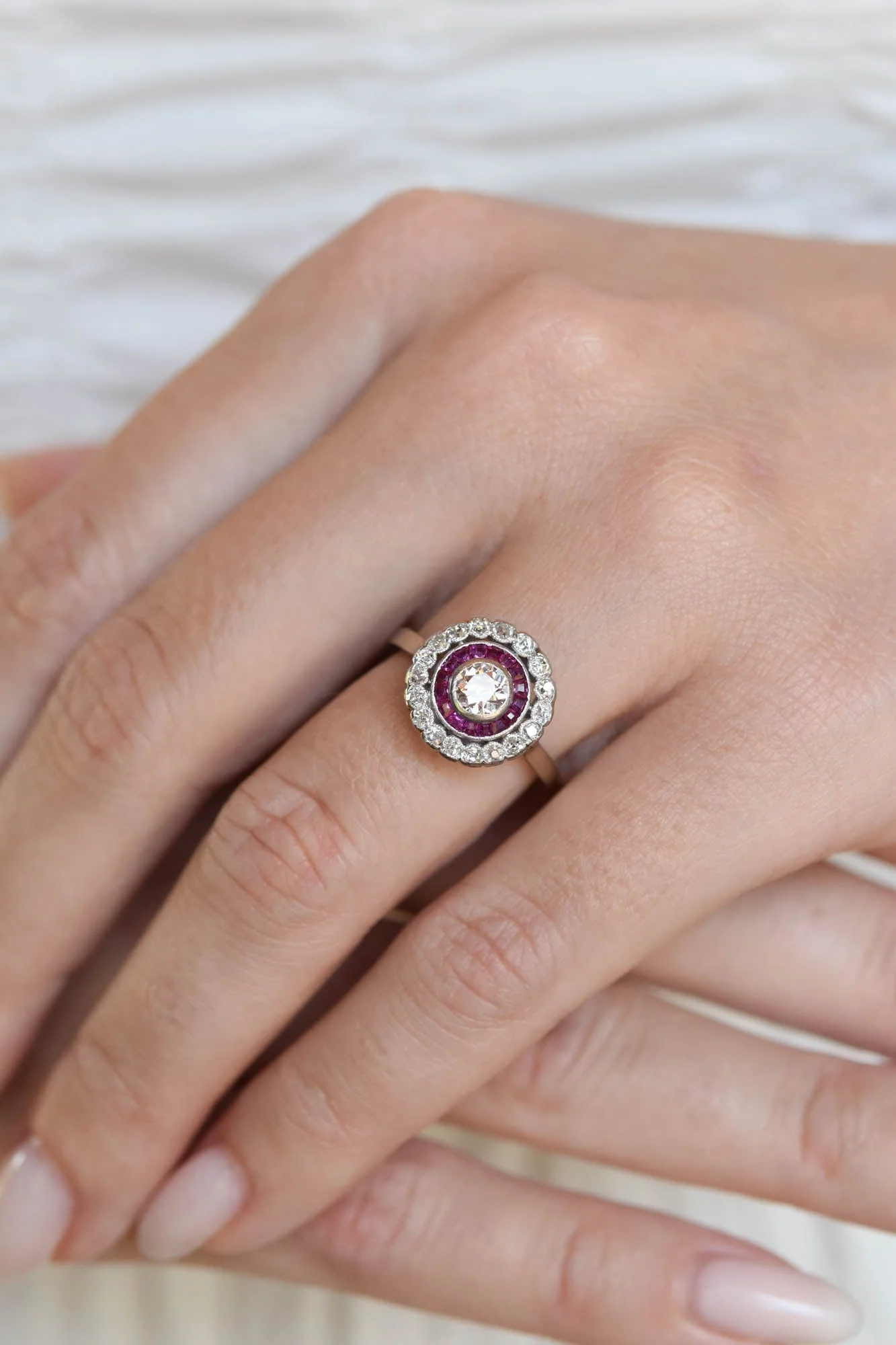 Edwardian Old European Cut Diamond & Ruby Antique Target Engagement Ring, France - Image 2