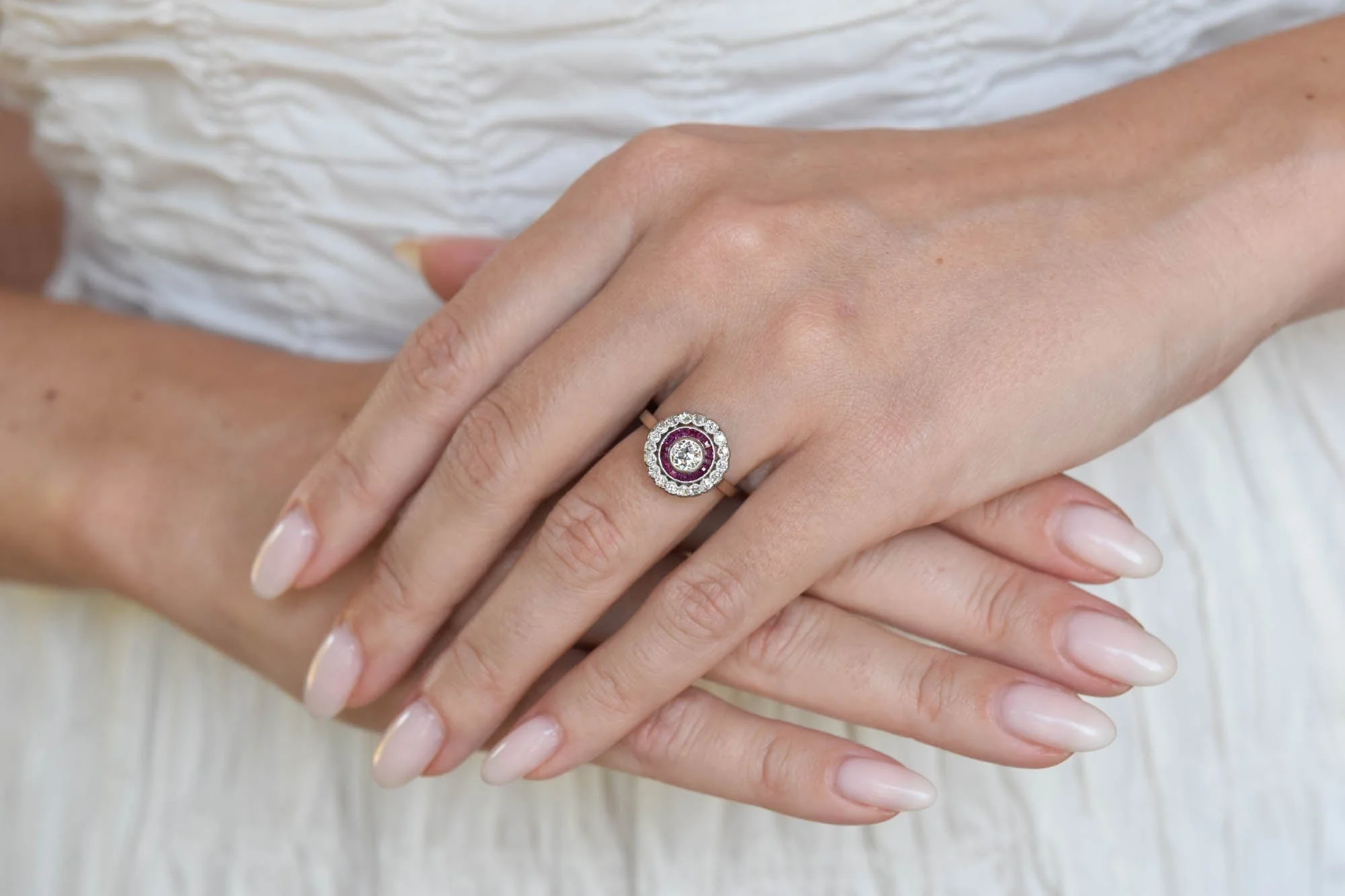 Edwardian Old European Cut Diamond & Ruby Antique Target Engagement Ring, France - Image 3