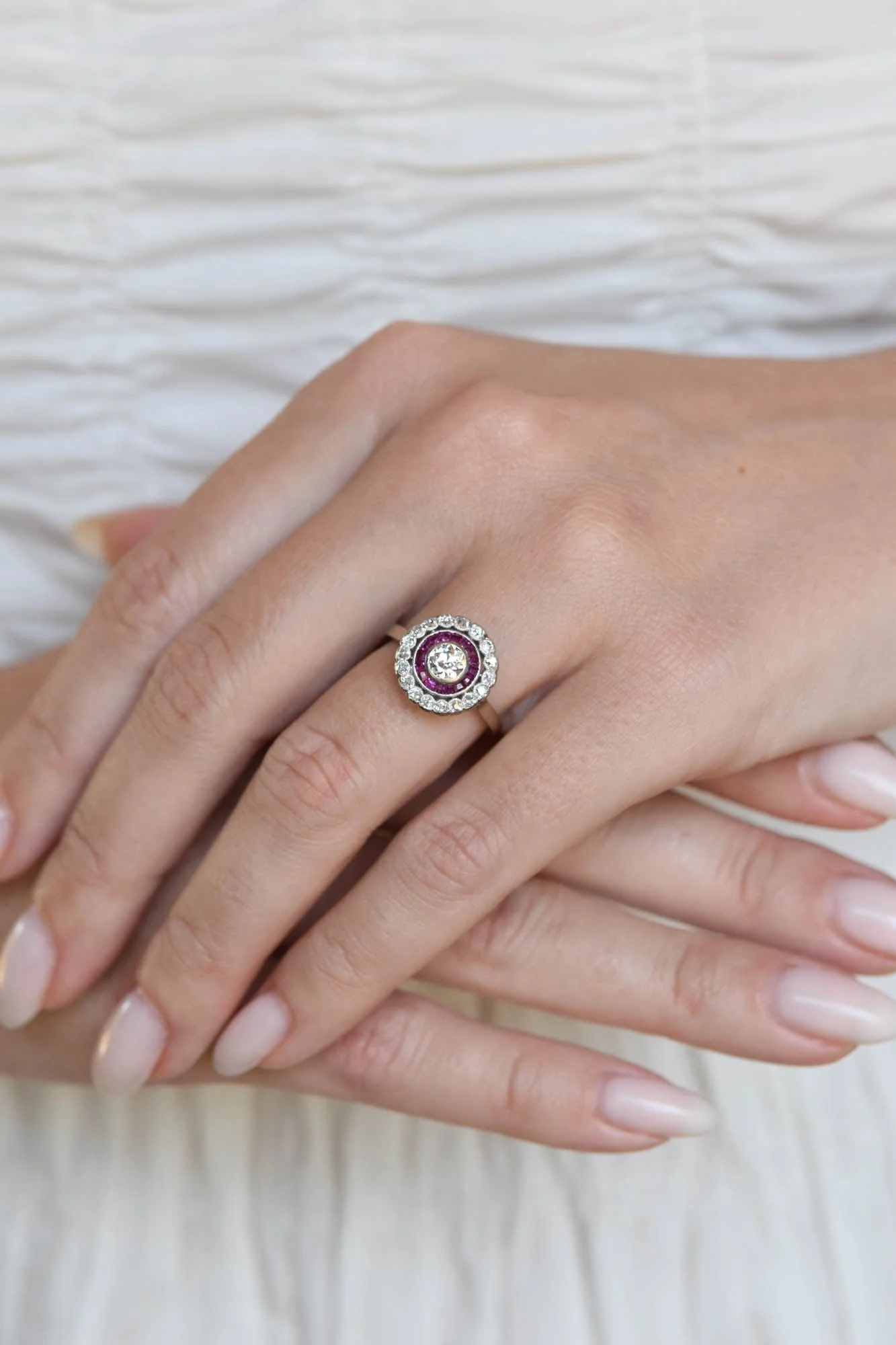 Edwardian Old European Cut Diamond & Ruby Antique Target Engagement Ring, France - Image 6