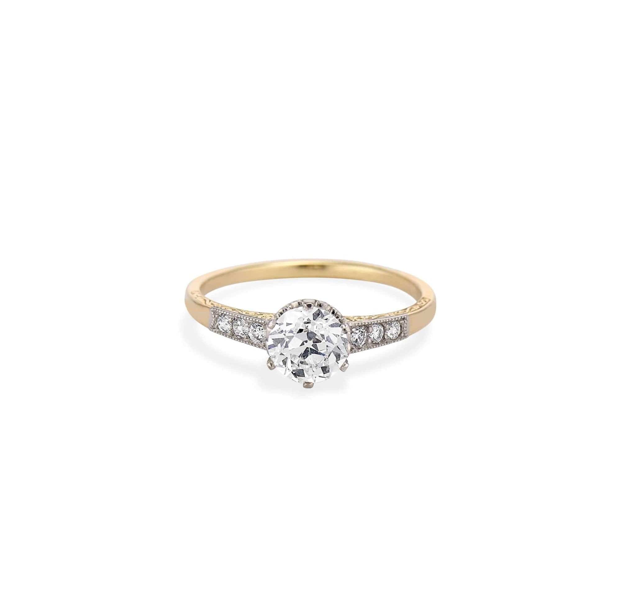 Edwardian .81 Carat Old European Cut Diamond Engraved Two Tone Ring - Image 2