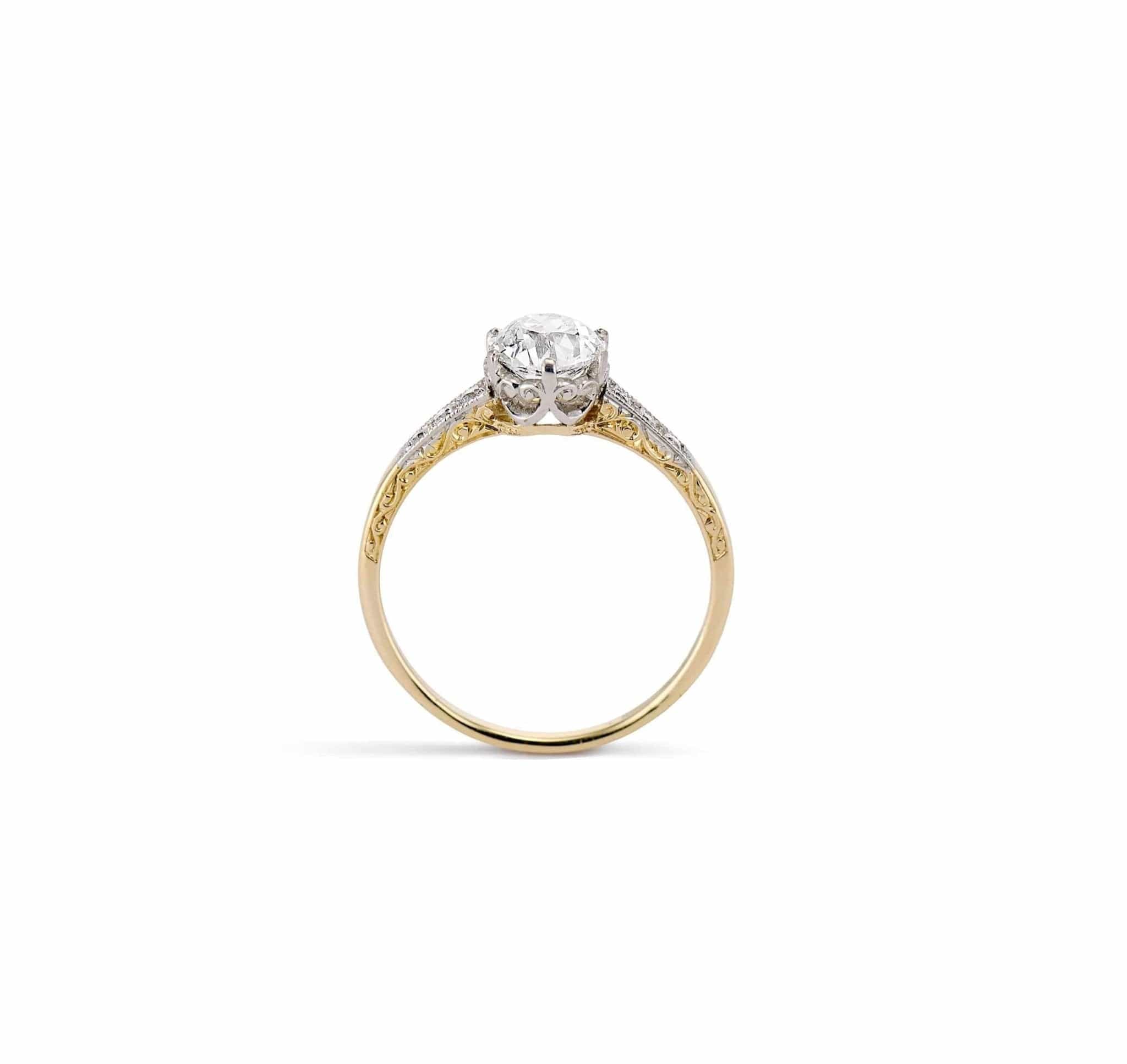 Edwardian .81 Carat Old European Cut Diamond Engraved Two Tone Ring - Image 5