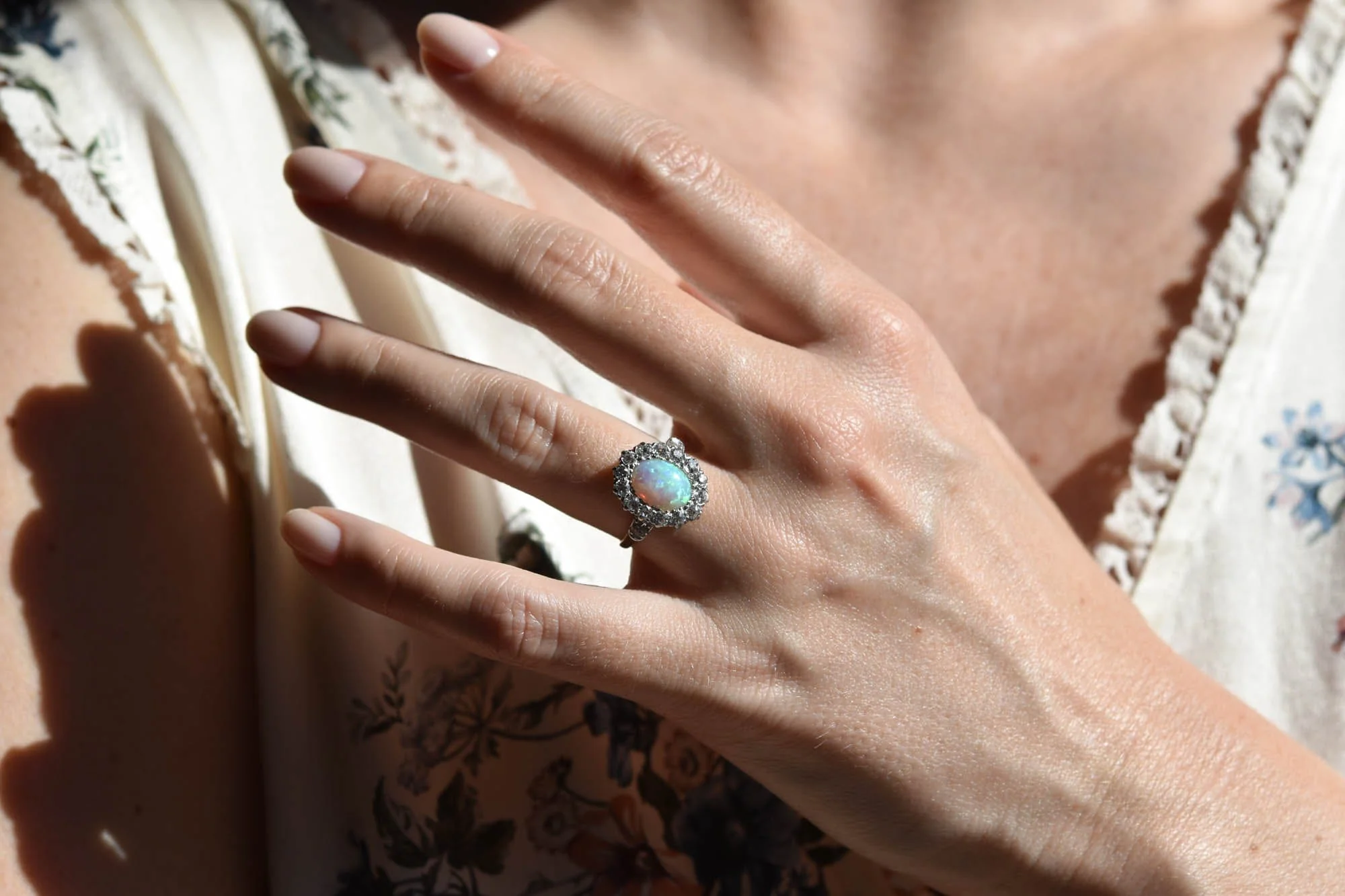 Edwardian Opal and Diamond Antique Cluster Ring - Image 3