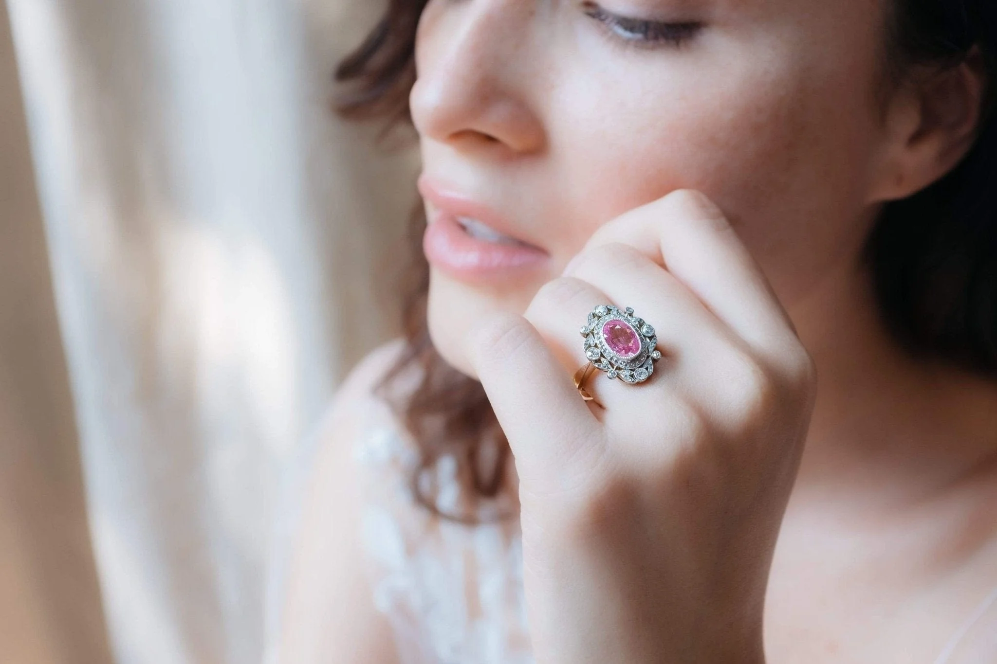 Edwardian Pink Sapphire & Diamond Garland Engagement Ring - Image 5