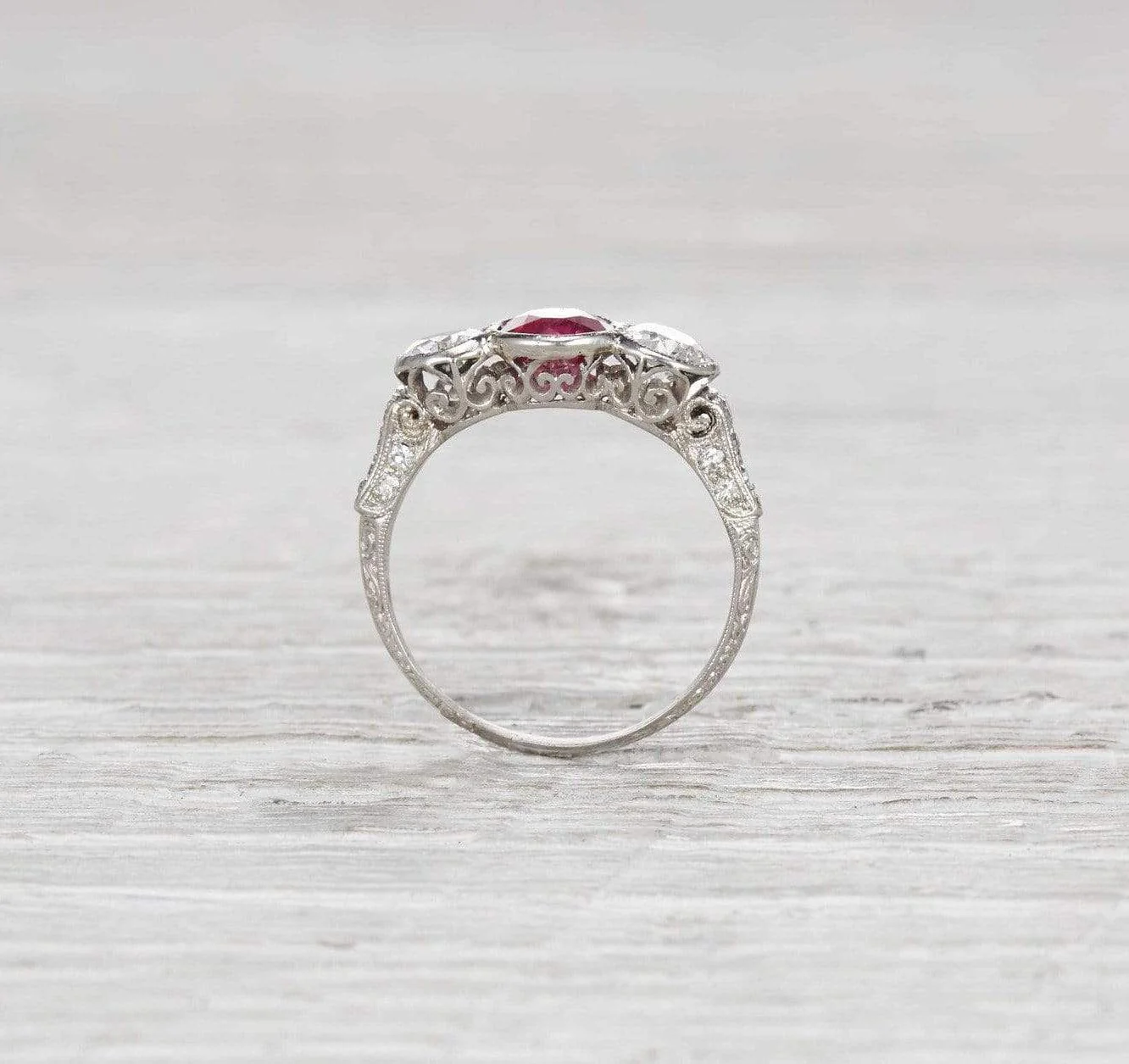 Edwardian Ruby and Diamond Three Stone Engagement Ring - Image 3