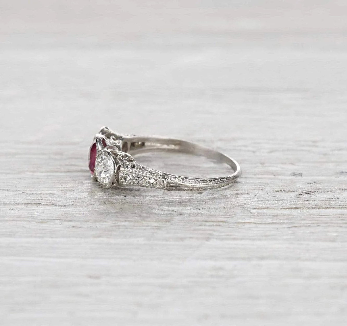 Edwardian Ruby and Diamond Three Stone Engagement Ring - Image 4