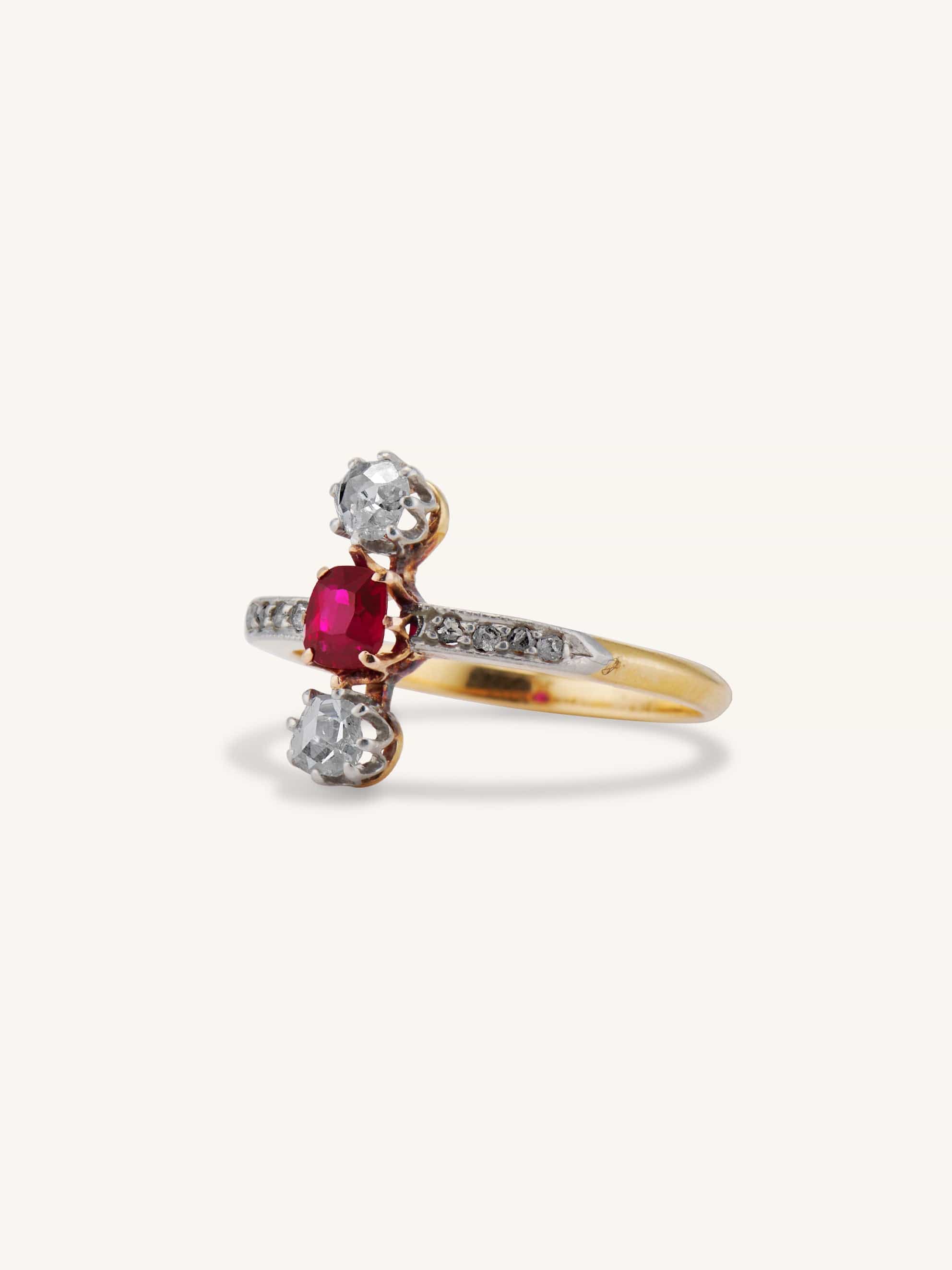 Edwardian Cushion Cut Ruby & Rose Cut Diamond Ring - Image 3
