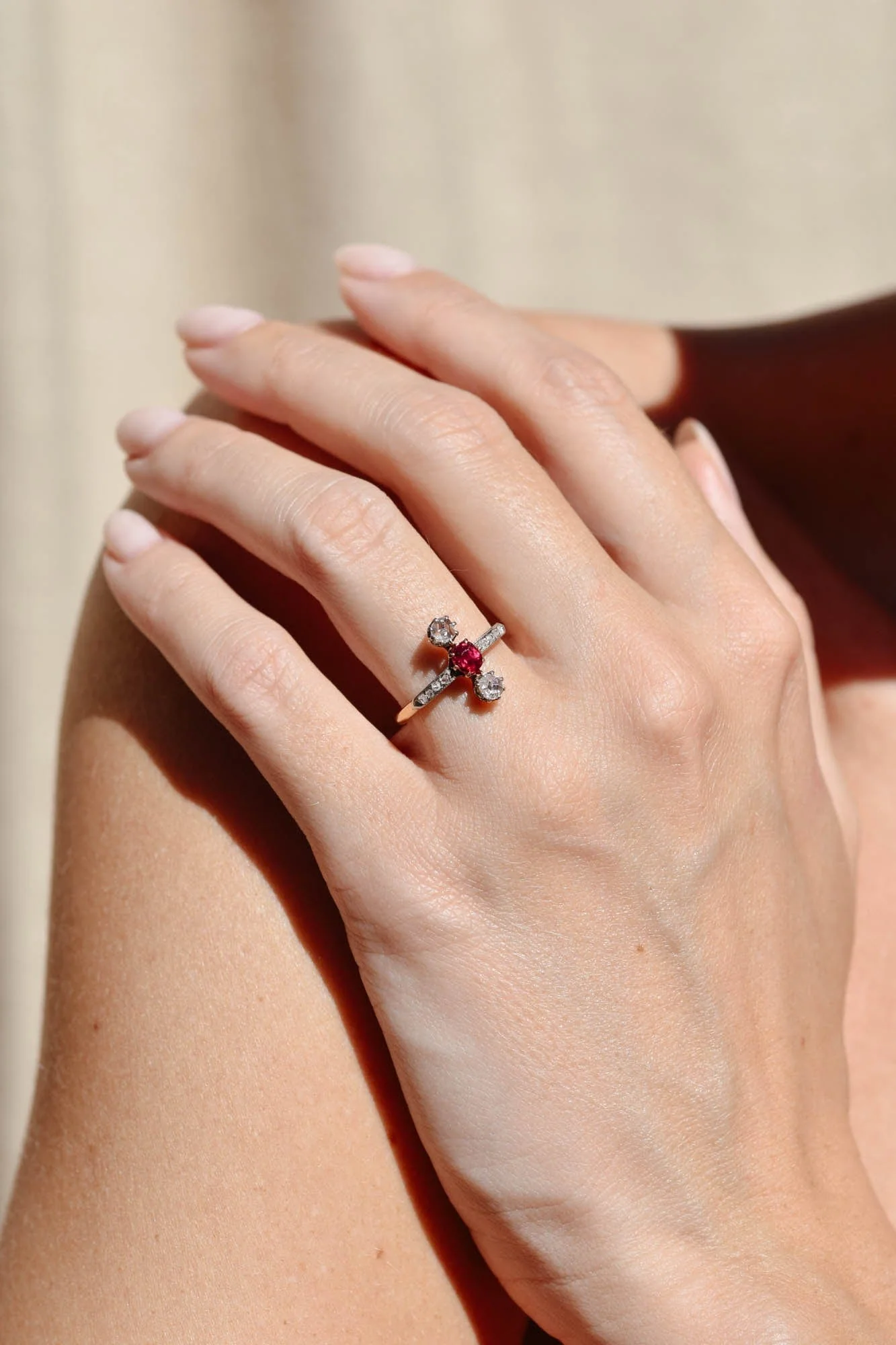 Edwardian Cushion Cut Ruby & Rose Cut Diamond Ring - Image 5