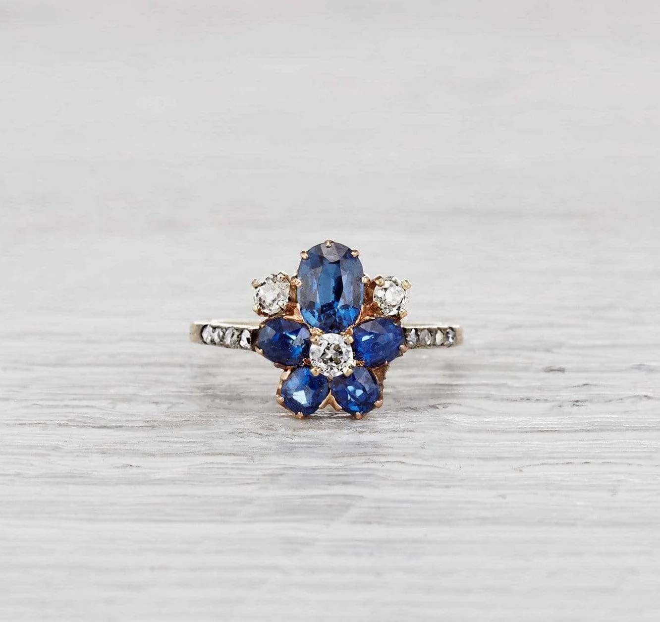 Edwardian Sapphire and Diamond Flower Ring - Image 2