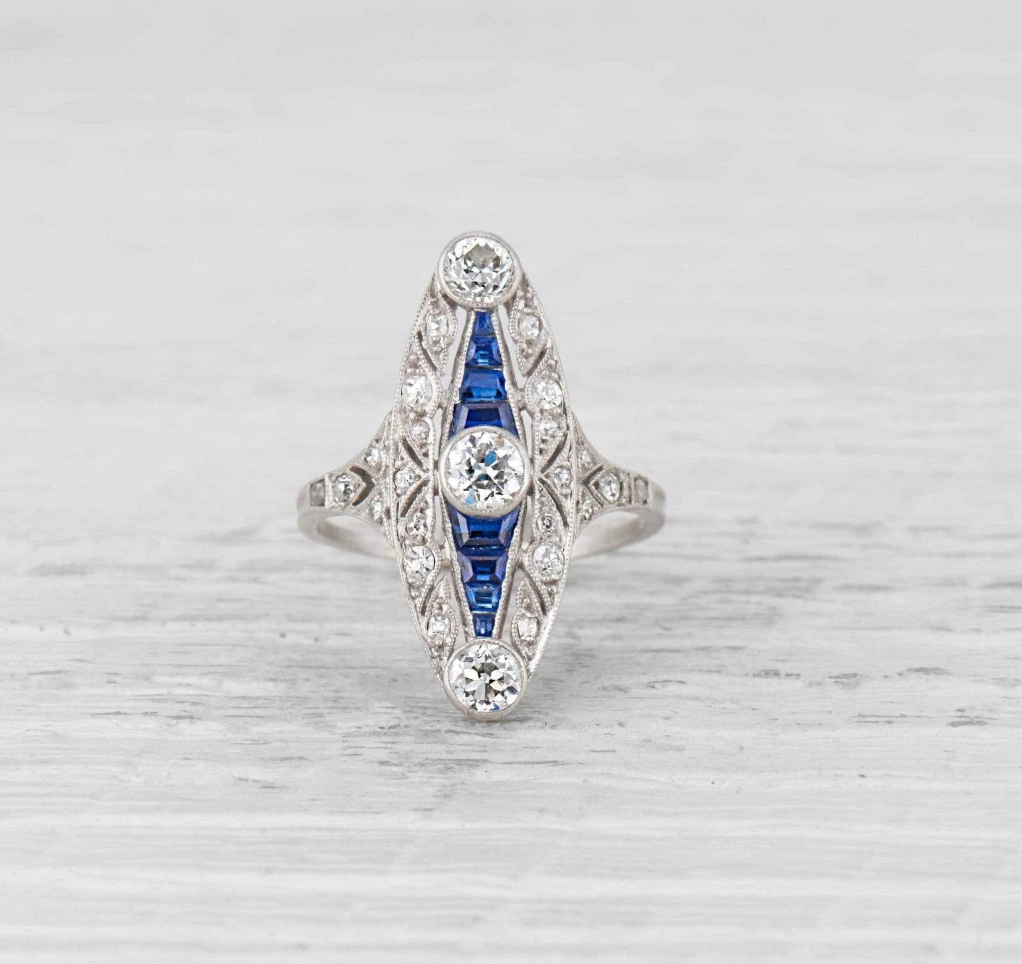 Edwardian Sapphire and Diamond Navette Ring - Image 2