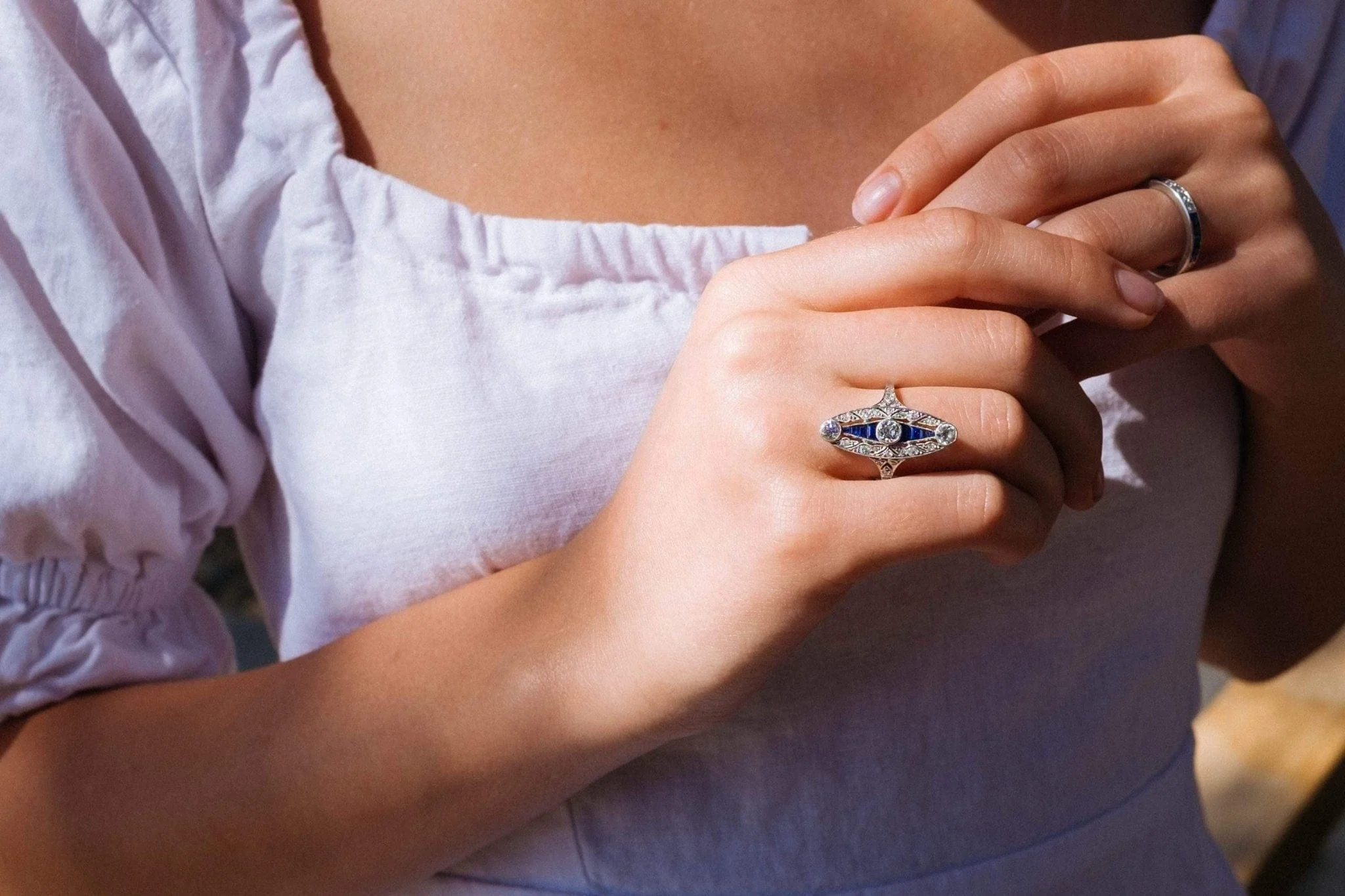 Edwardian Sapphire and Diamond Navette Ring - Image 5