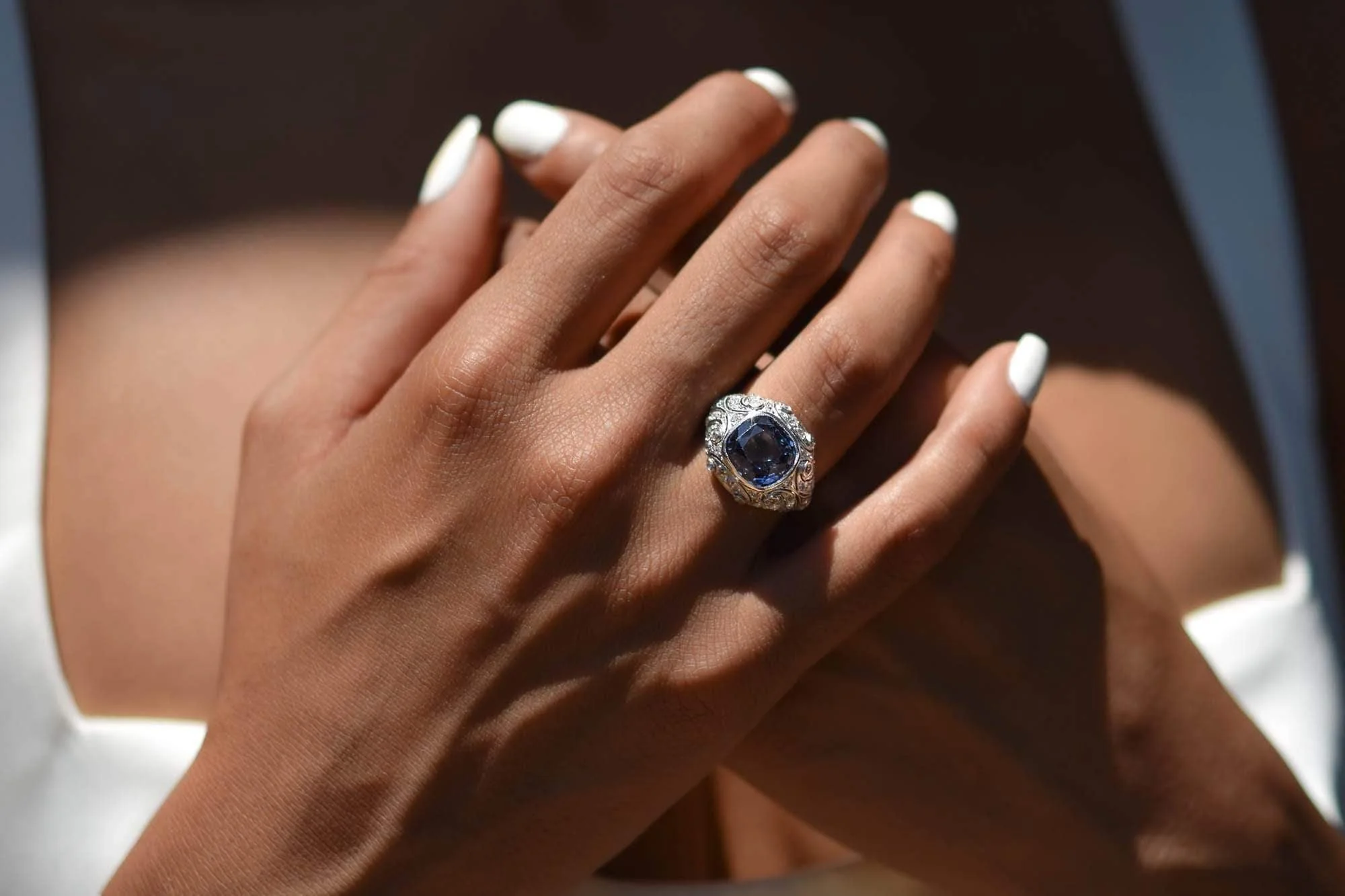 Edwardian Sapphire, Diamond and Platinum Ring, France - Image 5