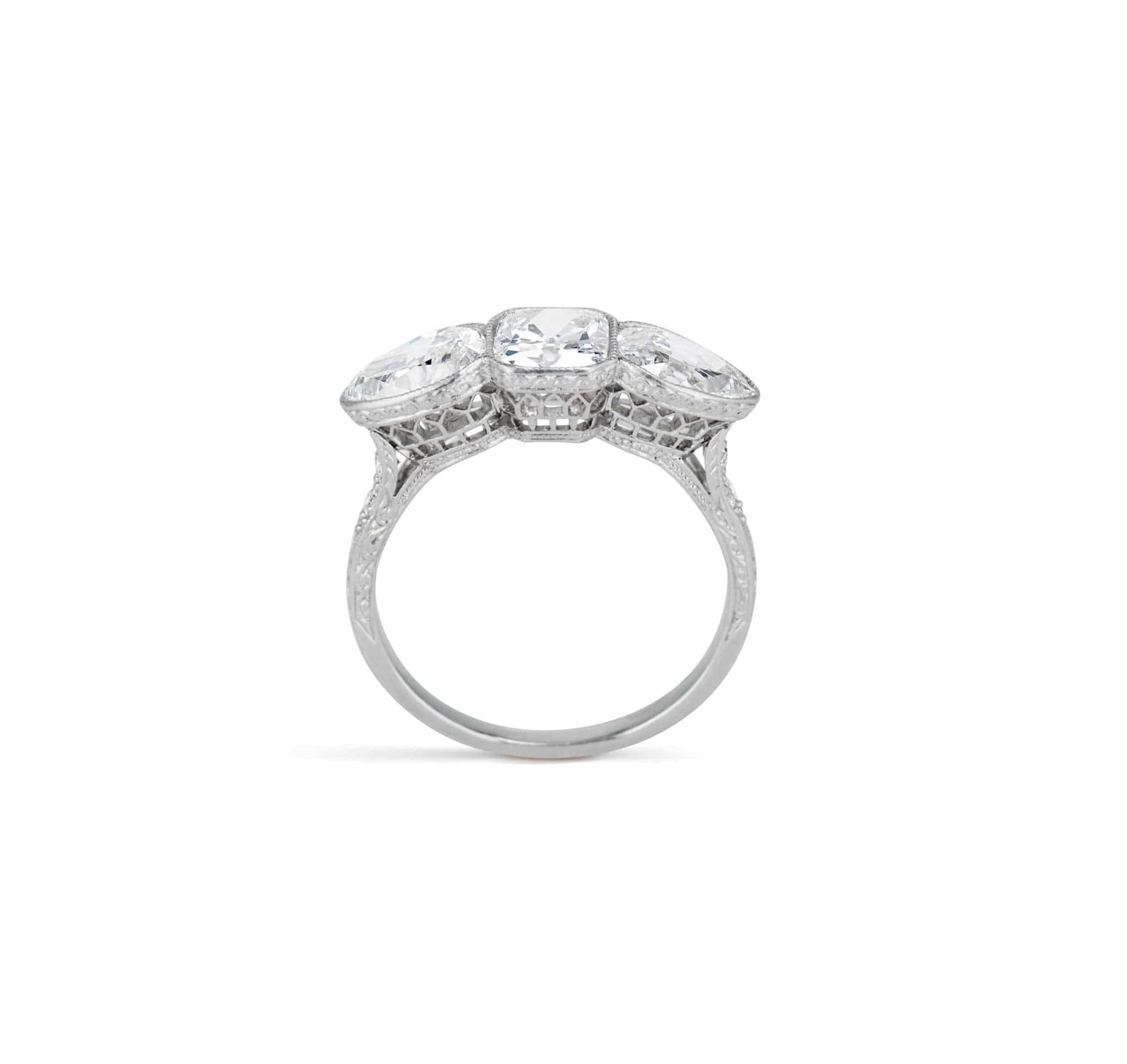 Edwardian Three Stone Emerald & Pear Cut Diamond Engagement Ring - Image 4