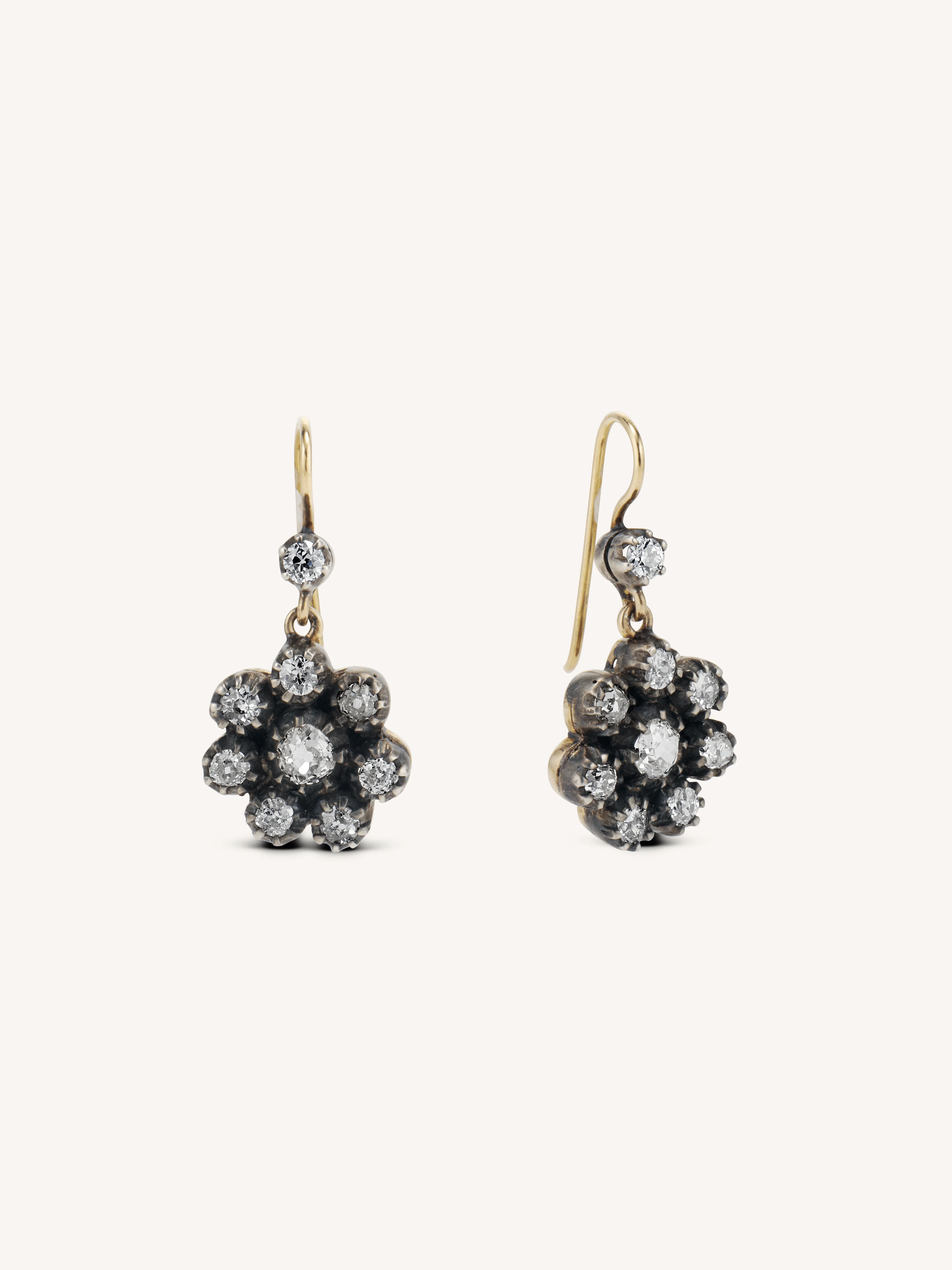 Estate Old Mine Cut Diamond Cluster French Hook Earrings - Image 4