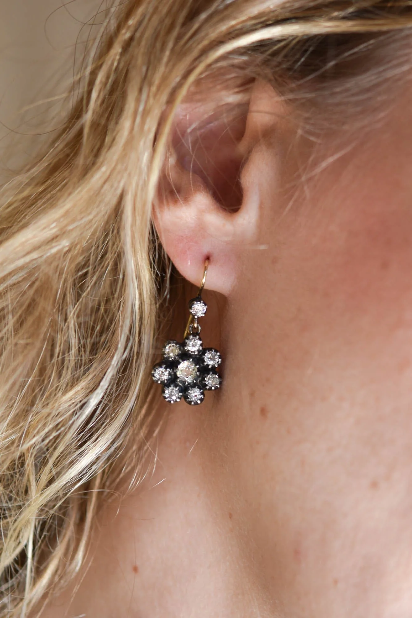 Estate Old Mine Cut Diamond Cluster French Hook Earrings - Image 5