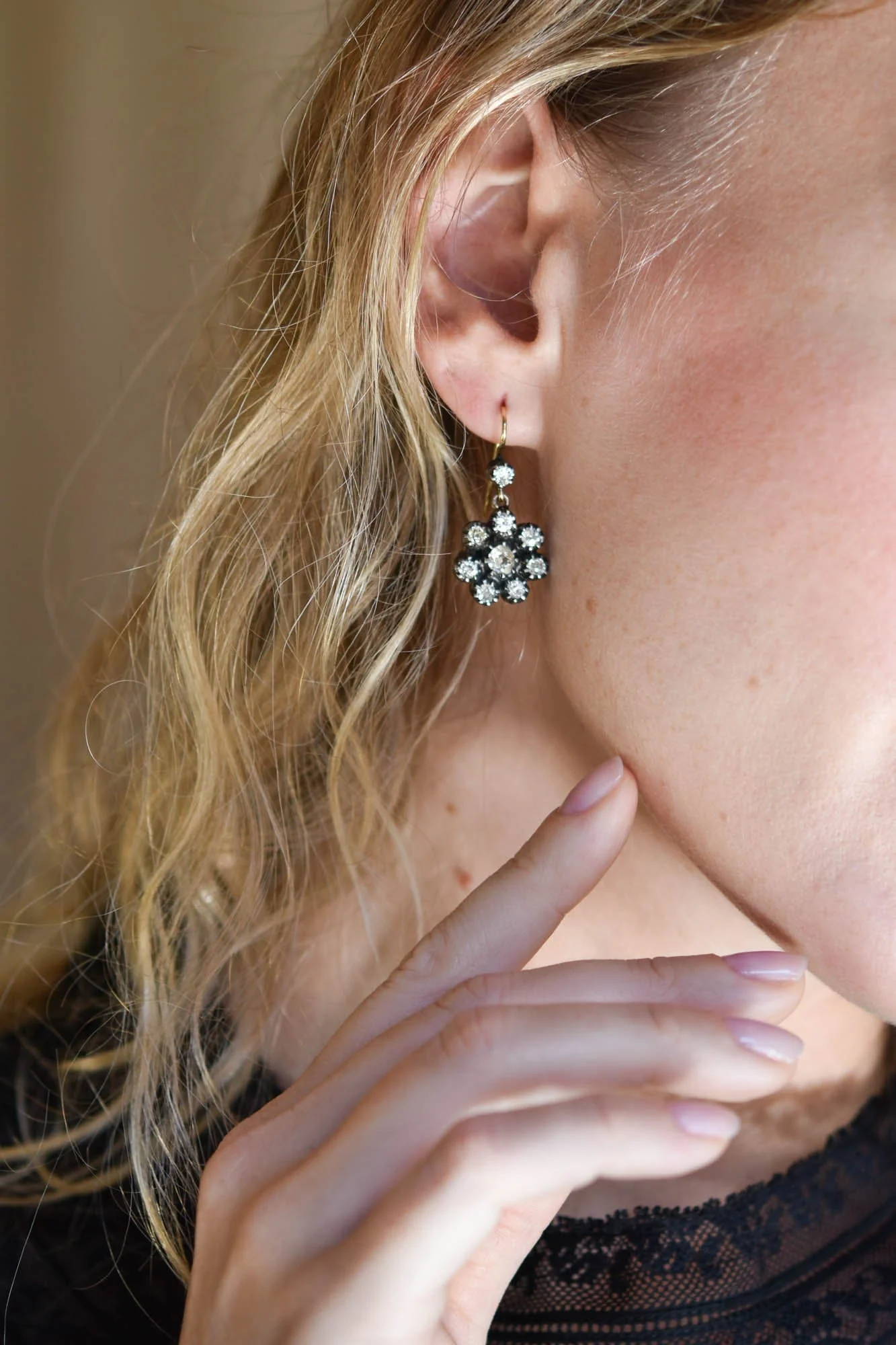 Estate Old Mine Cut Diamond Cluster French Hook Earrings - Image 6