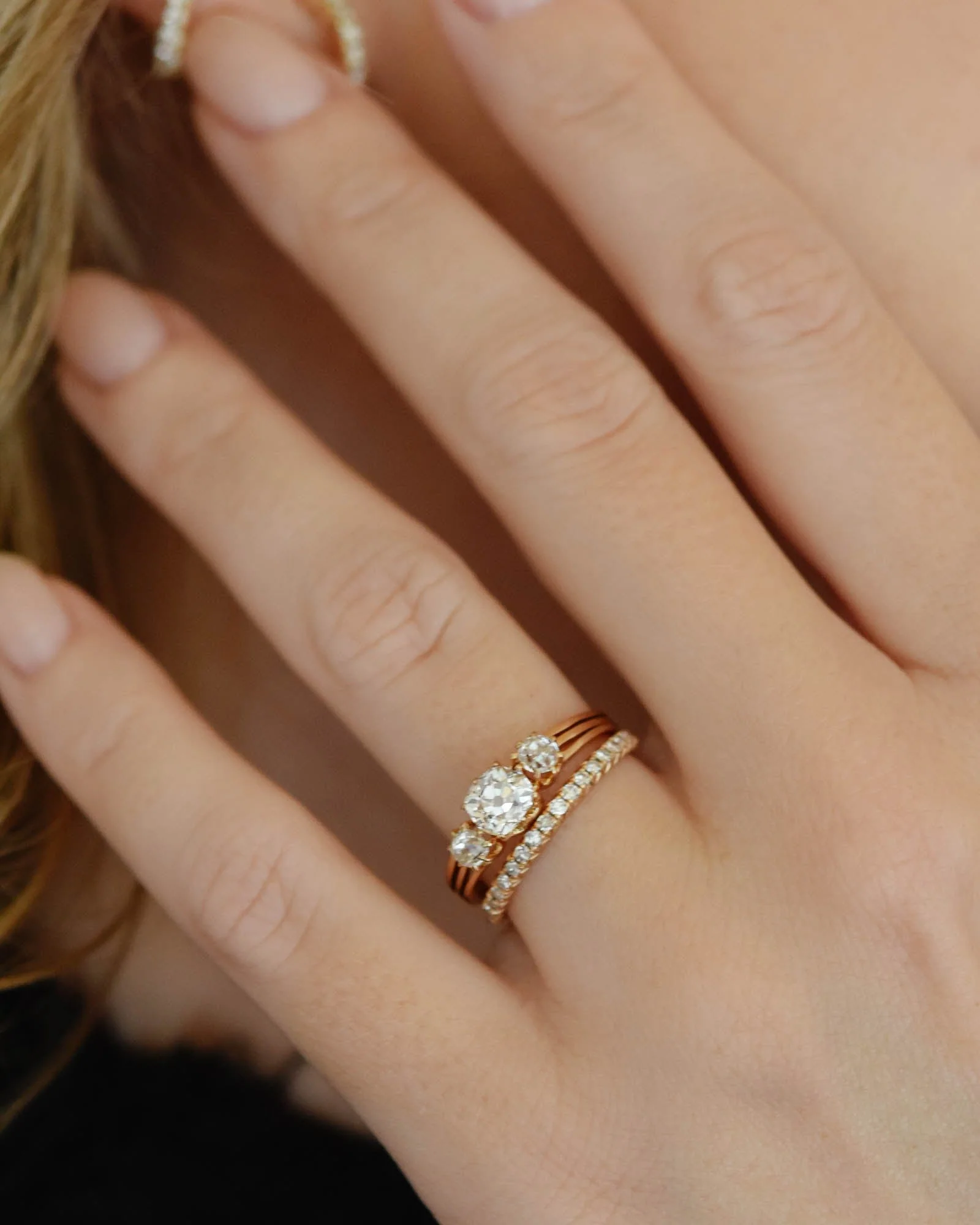 French Belle Époque Old Mine Cushion Three Stone Rose Gold Vintage Engagement Ring - Image 2