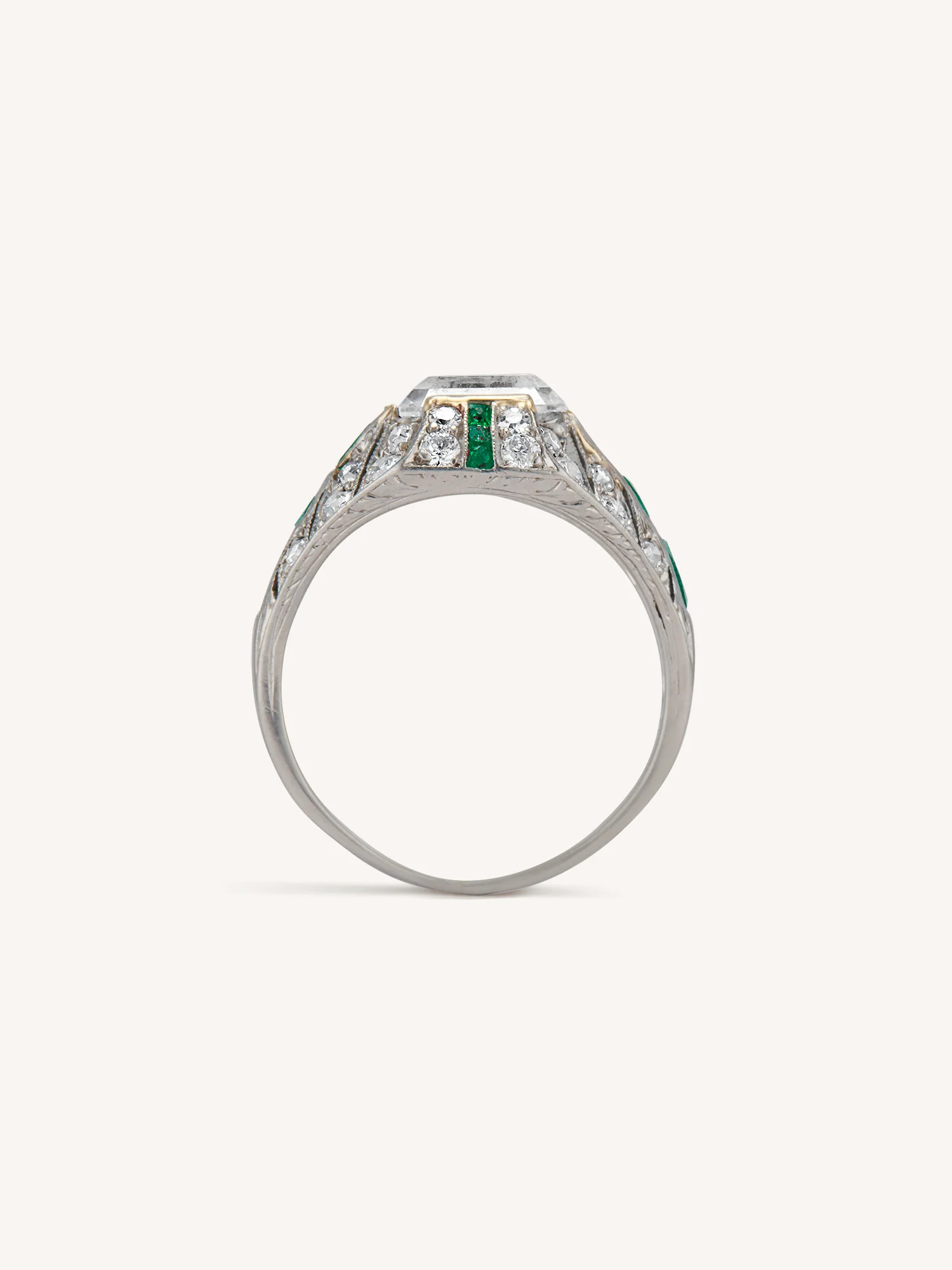 J.E. Caldwell Art Deco 1.84 Carat Emerald Cut Diamond and Emerald Vintage Engagement Ring - Image 8